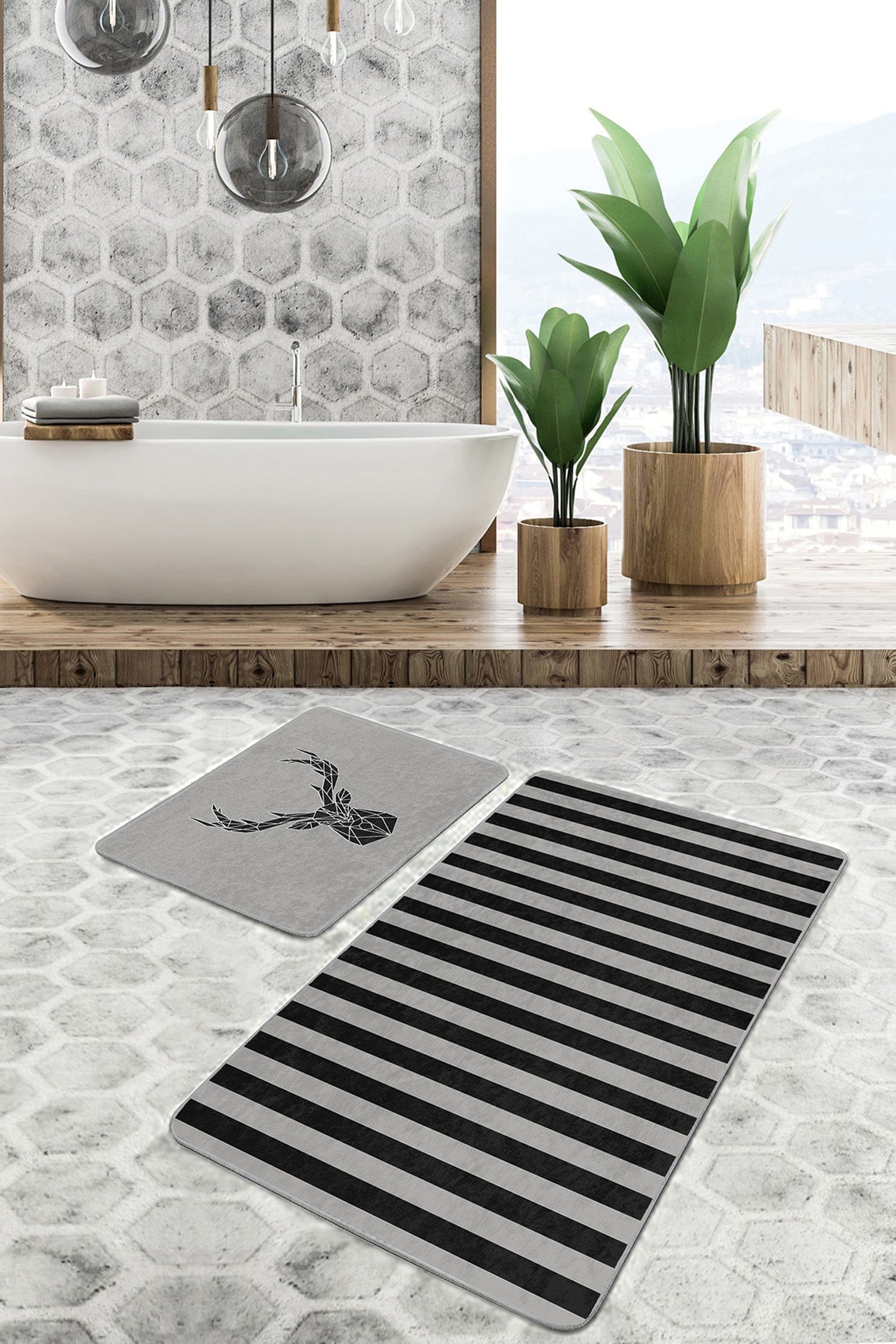 Set di 2 Tappetini da bagno antiscivolo Ali BPS153 Rectangle Multicolore, 100 x 60 cm / 60 x 50 cm (2)