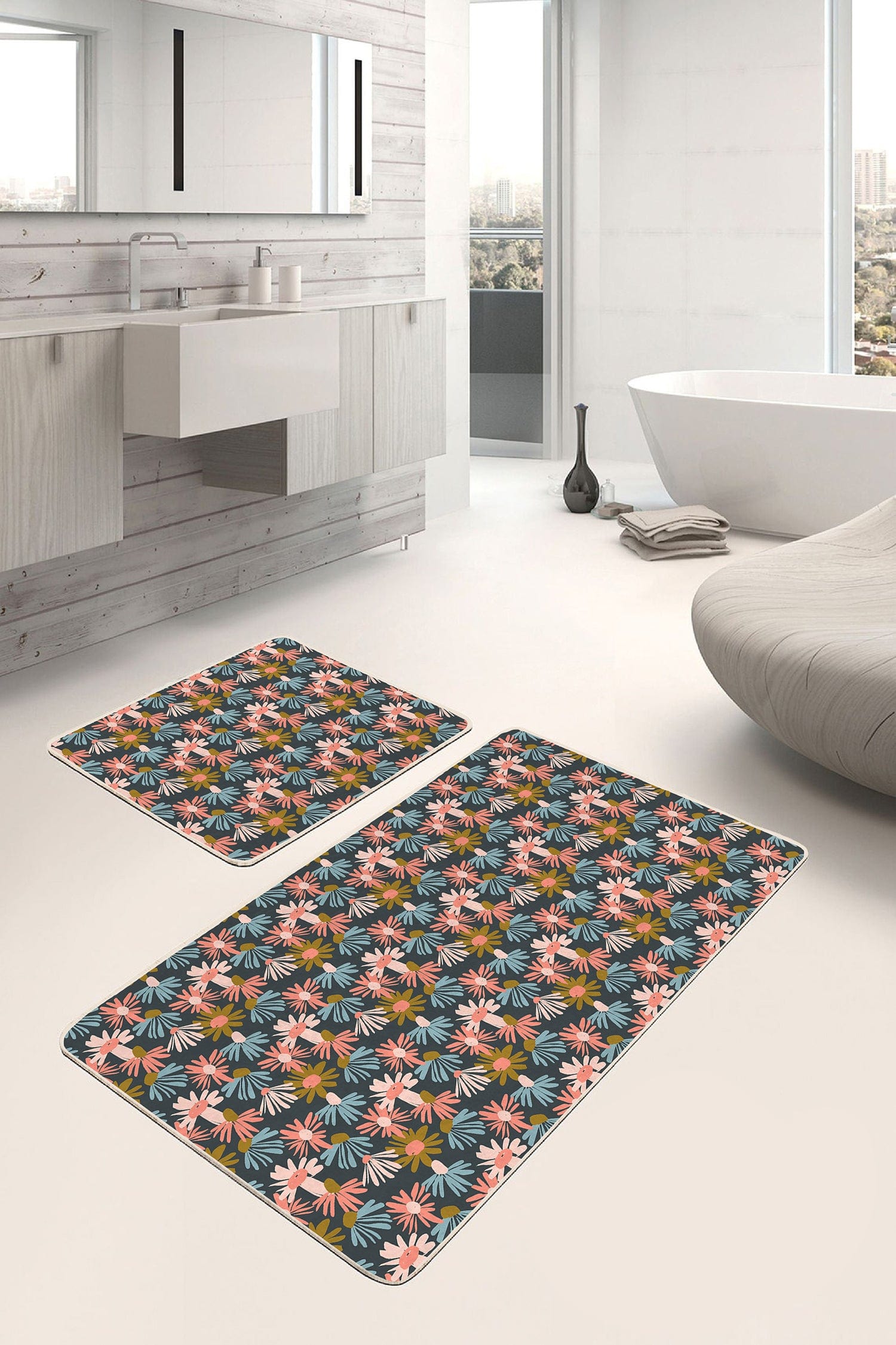 Set di 2 Tappetini da bagno antiscivolo Amira BPS182 Rectangle Multicolore, 100 x 60 cm / 60 x 50 cm (2)