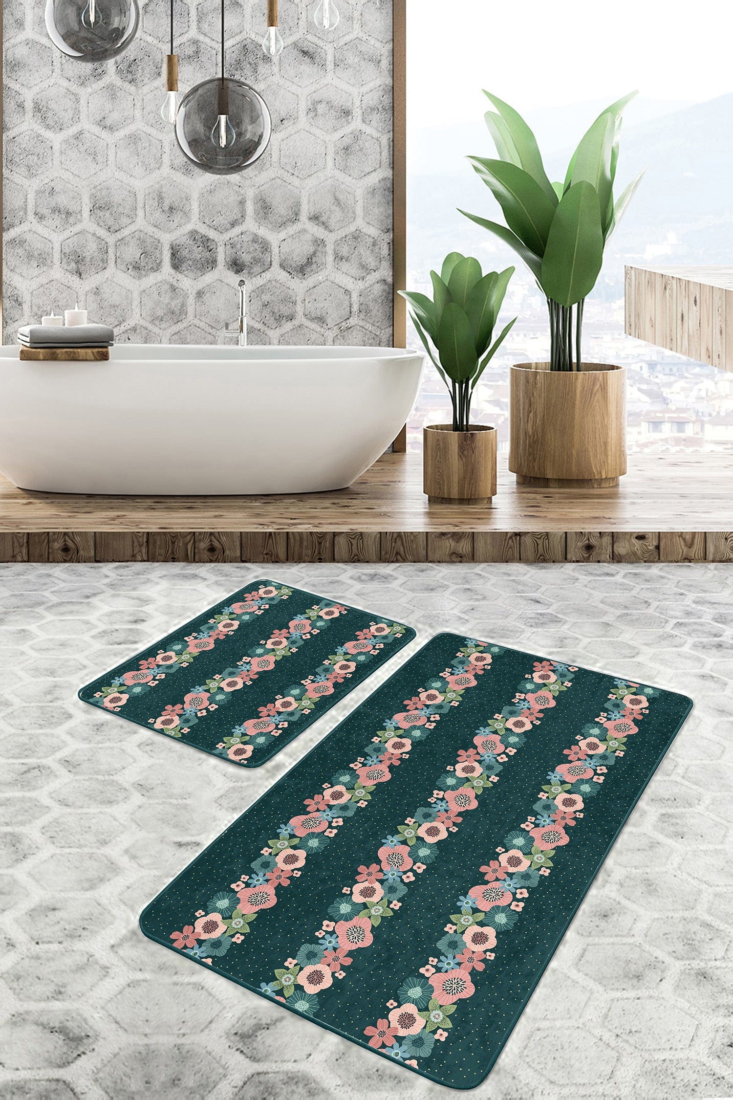 Set di 2 Tappetini da bagno antiscivolo Amira BPS183 Rectangle Multicolore, 100 x 60 cm / 60 x 50 cm