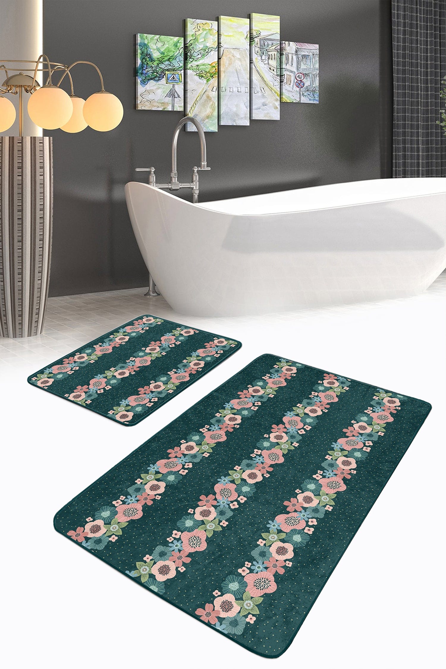 Set di 2 Tappetini da bagno antiscivolo Amira BPS183 Rectangle Multicolore, 100 x 60 cm / 60 x 50 cm (2)