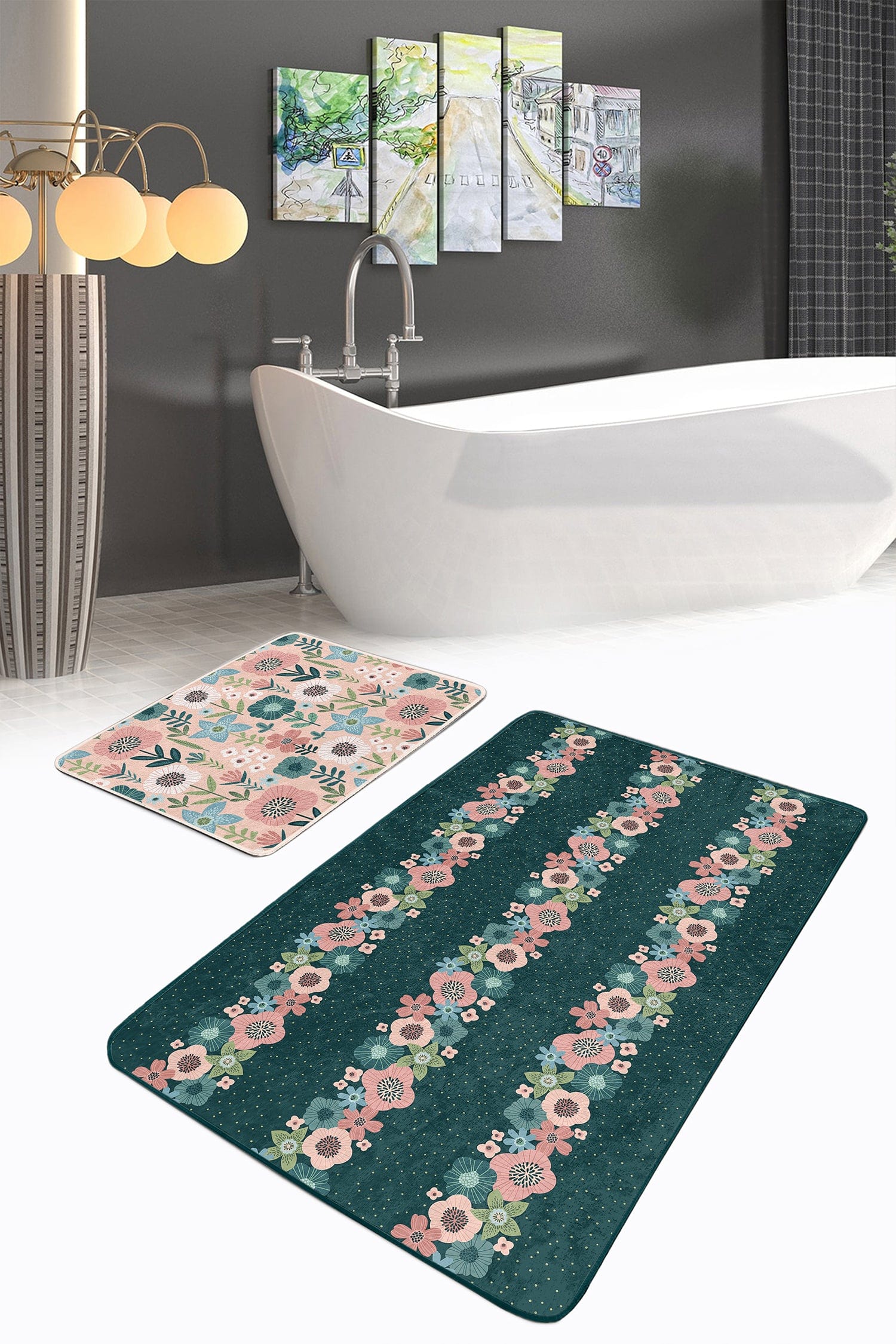 Set di 2 Tappetini da bagno antiscivolo Amira BPS186 Rectangle Multicolore, 100 x 60 cm / 60 x 50 cm (1)