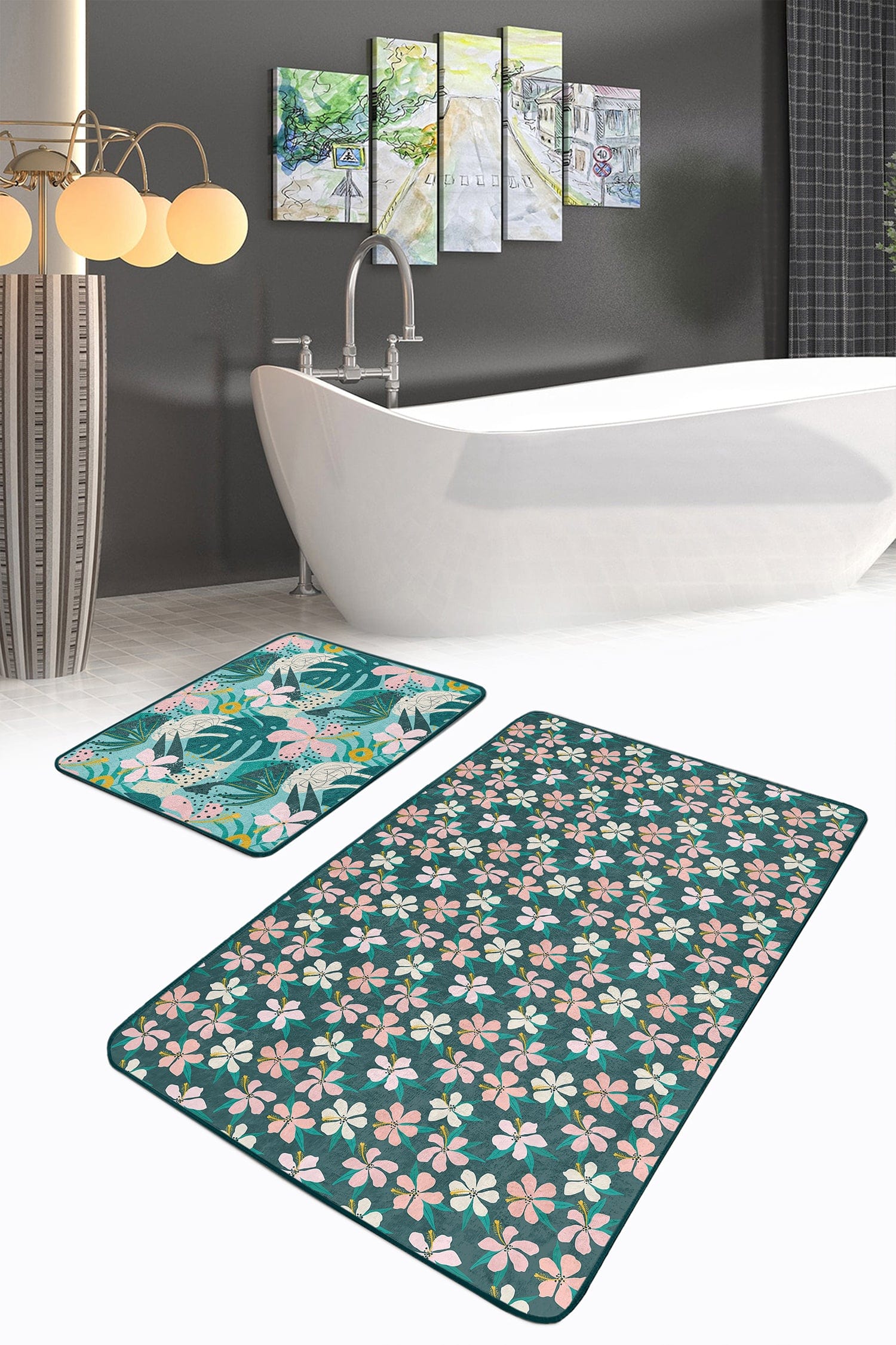 Set di 2 Tappetini da bagno antiscivolo Amira BPS188 Rectangle Multicolore, 100 x 60 cm / 60 x 50 cm