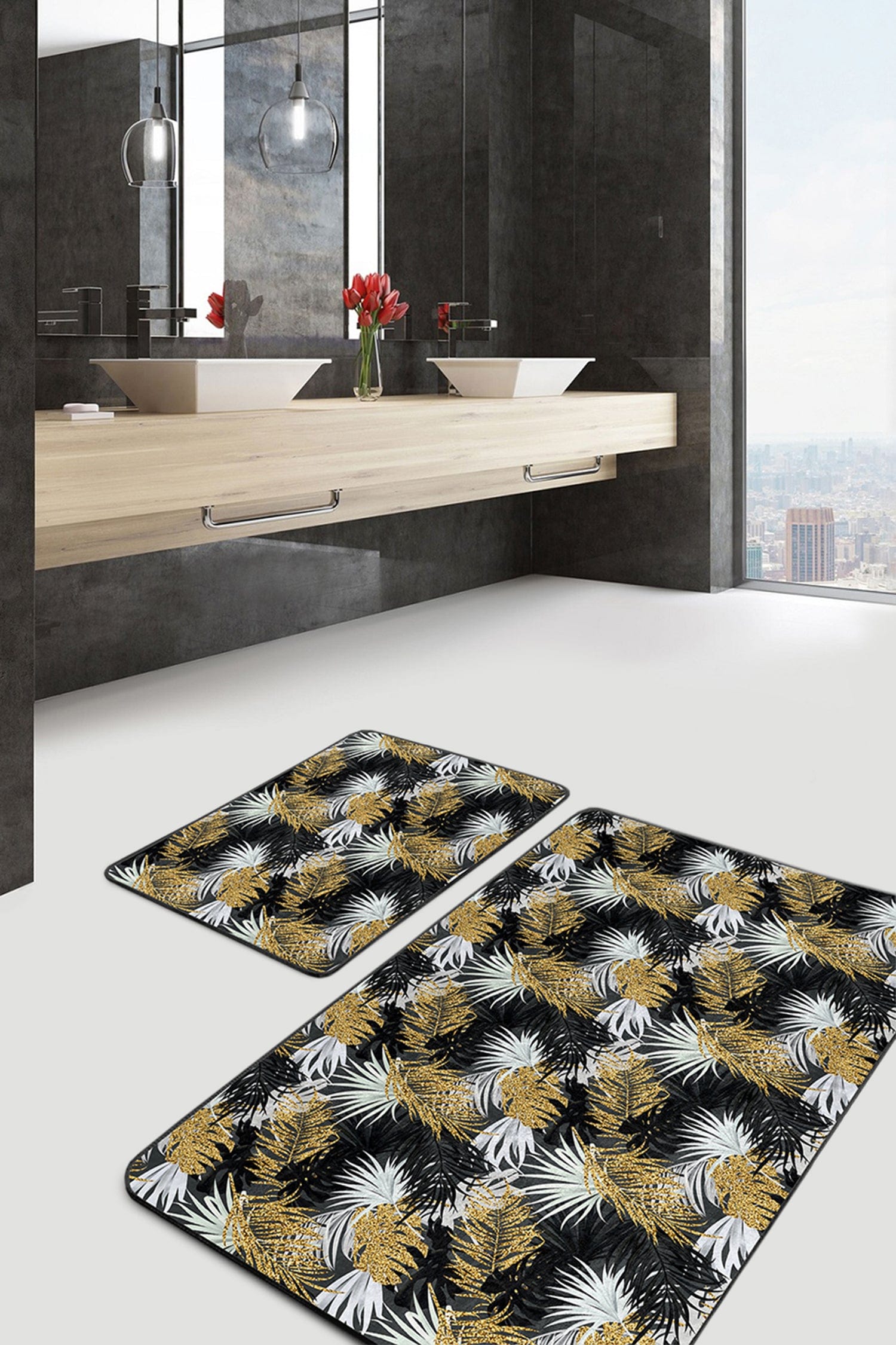 Set di 2 Tappetini da bagno antiscivolo Aslan BPS377 Rectangle Multicolore, 100 x 60 cm / 60 x 50 cm