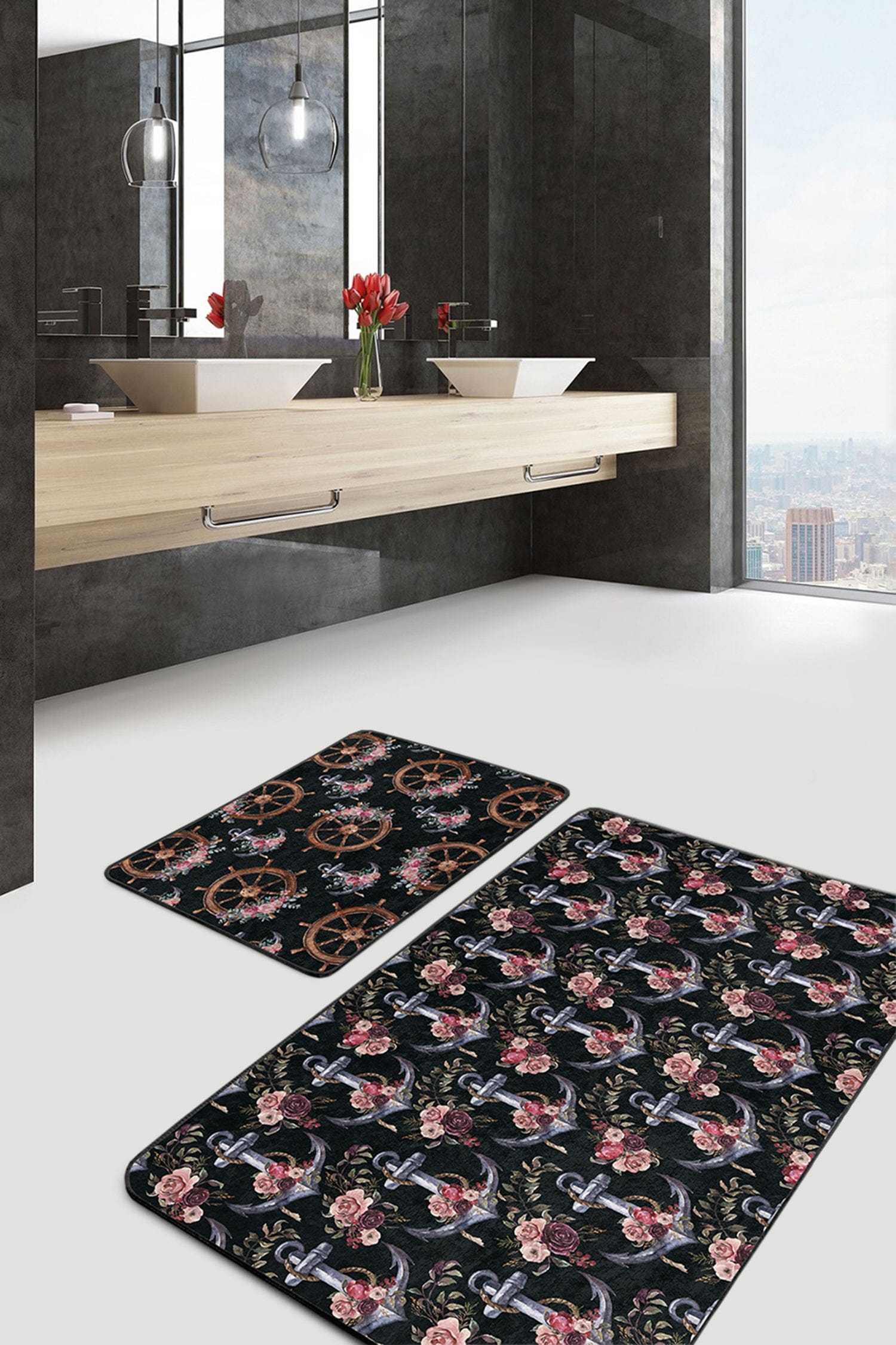 Set di 2 Tappetini da bagno antiscivolo Aysa BPS319 Rectangle Multicolore, 100 x 60 cm / 60 x 50 cm