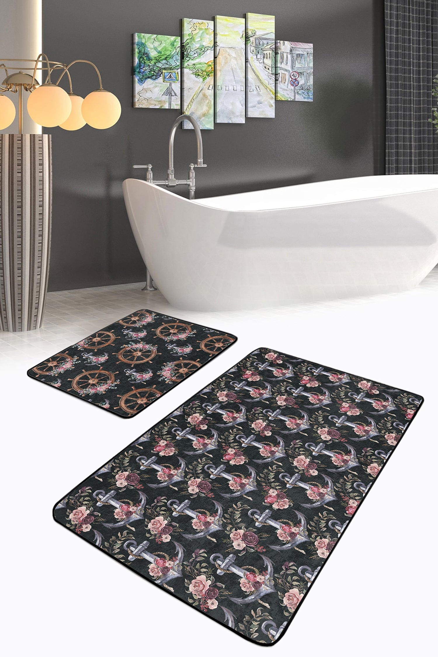 Set di 2 Tappetini da bagno antiscivolo Aysa BPS319 Rectangle Multicolore, 100 x 60 cm / 60 x 50 cm (1)