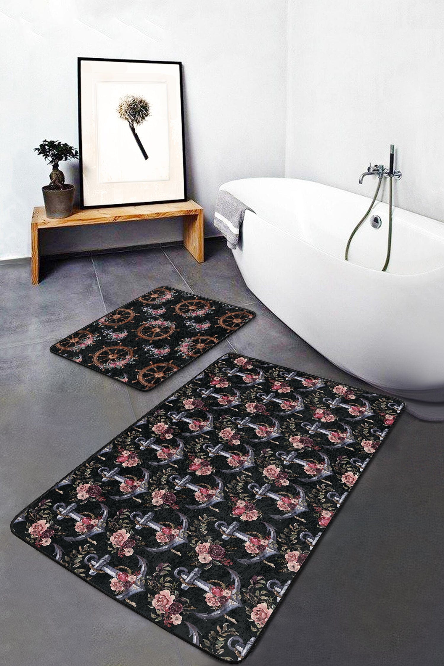 Set di 2 Tappetini da bagno antiscivolo Aysa BPS319 Rectangle Multicolore, 100 x 60 cm / 60 x 50 cm (2)