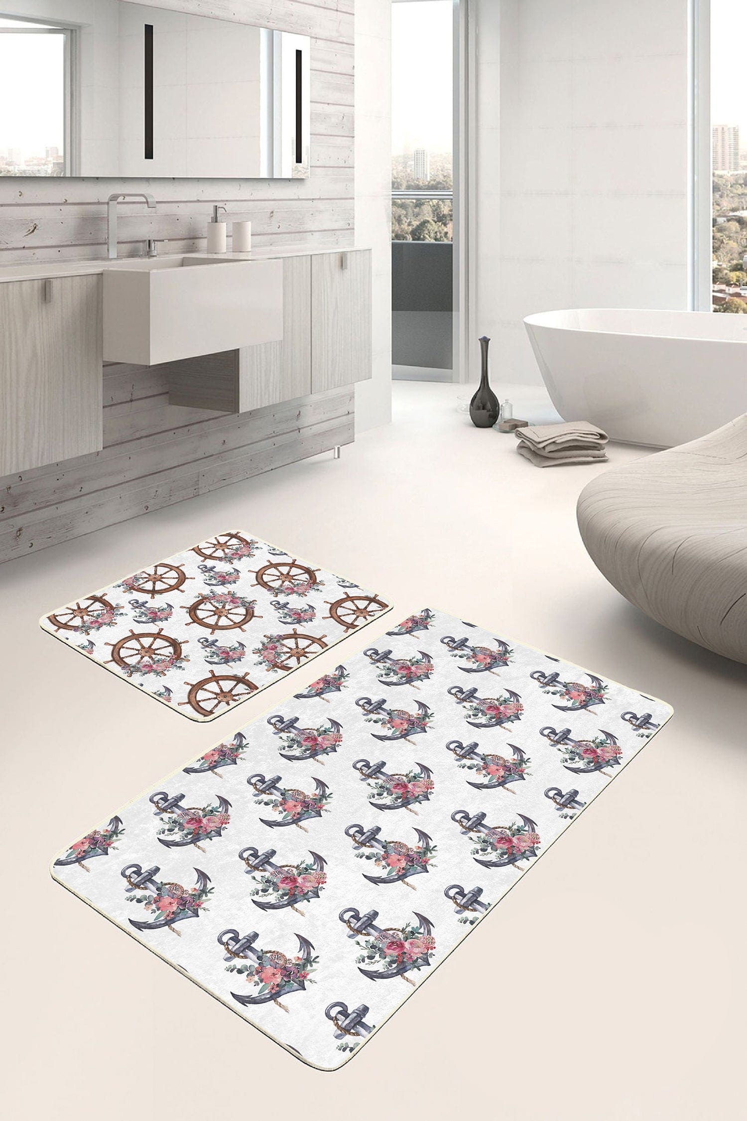 Set di 2 Tappetini da bagno antiscivolo Aysa BPS320 Rectangle Multicolore, 100 x 60 cm / 60 x 50 cm (1)