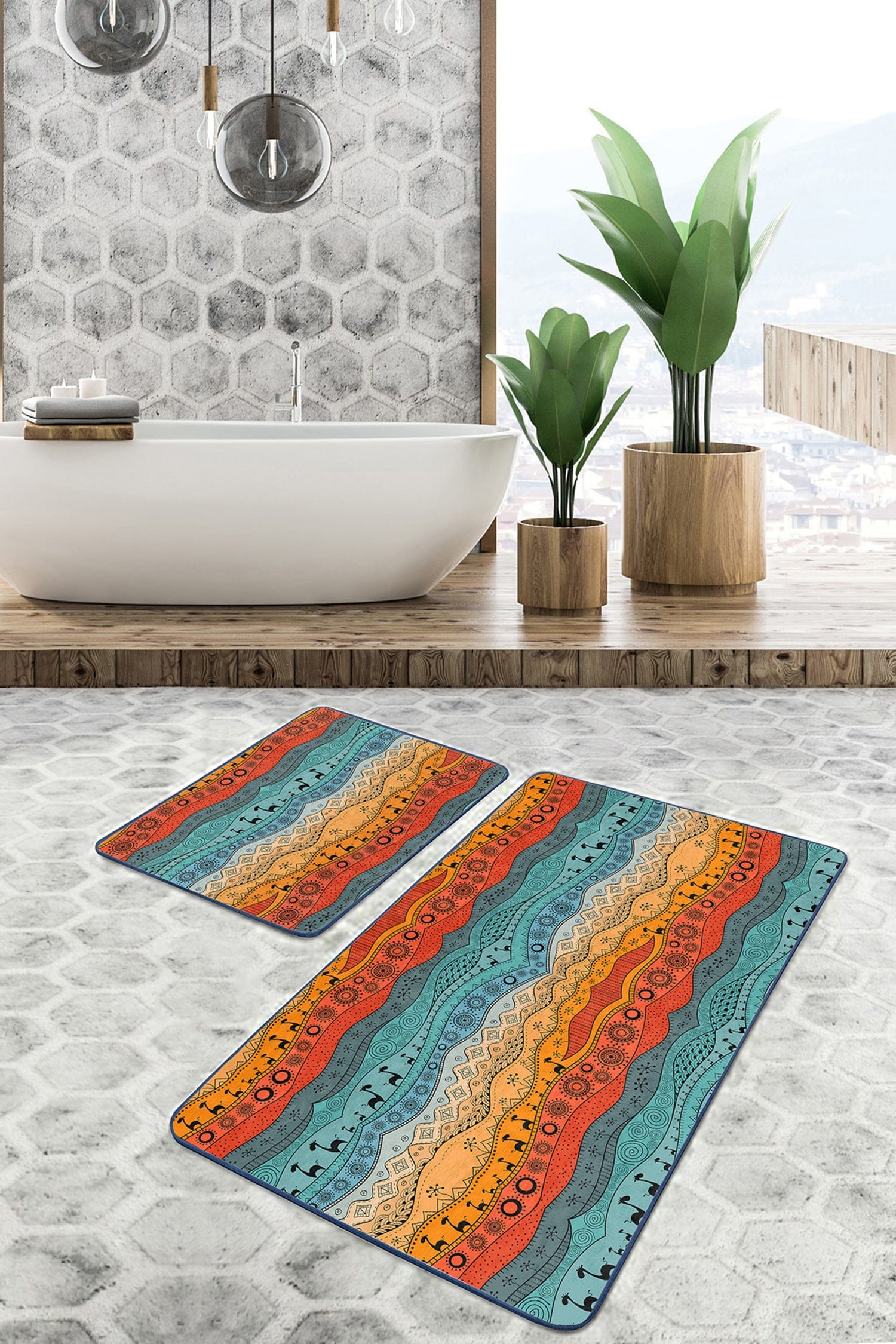 Set di 2 Tappetini da bagno antiscivolo Aysa BPS328 Rectangle Multicolore, 100 x 60 cm / 60 x 50 cm