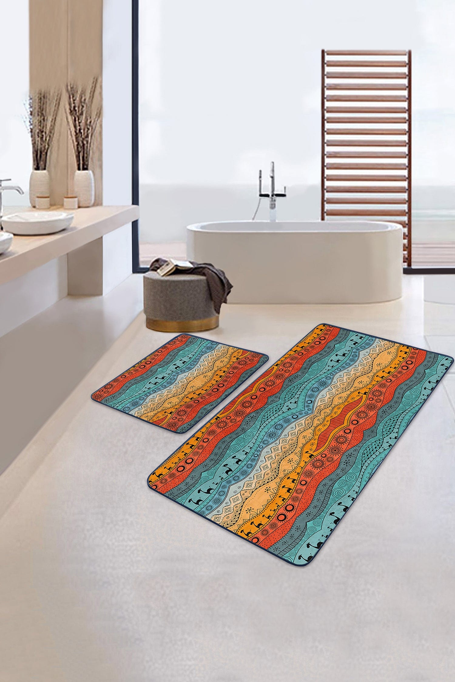 Set di 2 Tappetini da bagno antiscivolo Aysa BPS328 Rectangle Multicolore, 100 x 60 cm / 60 x 50 cm (2)