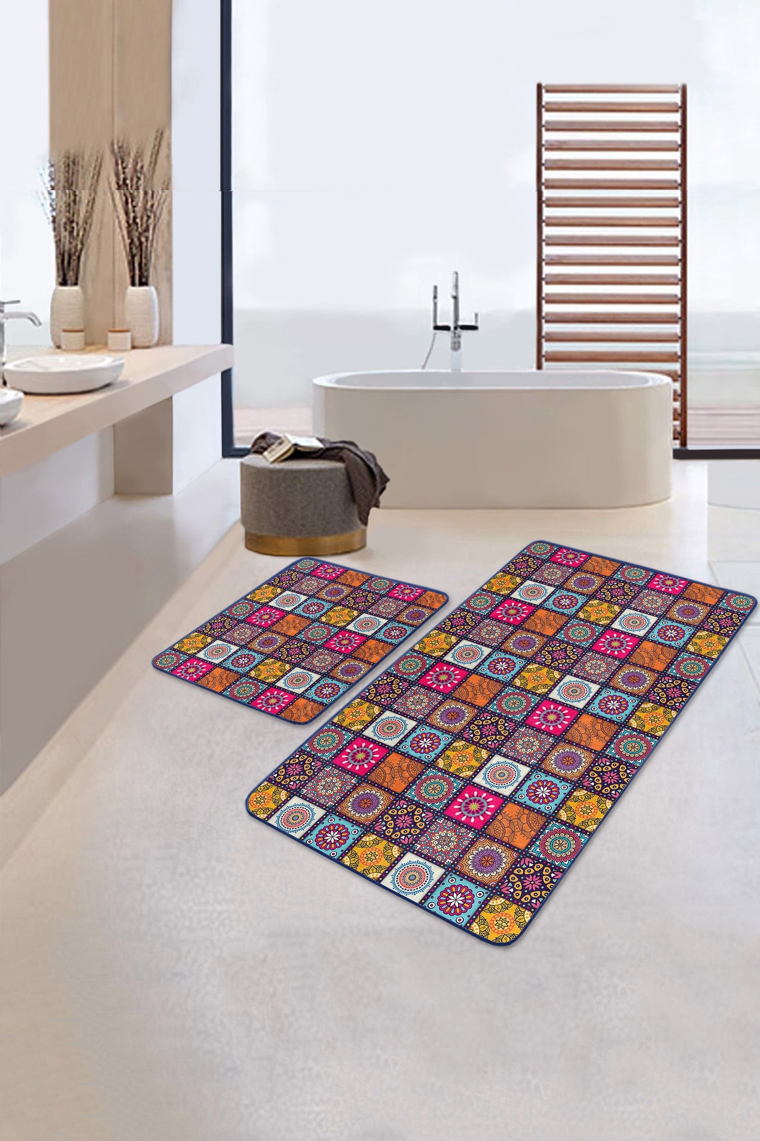 Set di 2 Tappetini da bagno antiscivolo Bade BPS147 Rectangle Multicolore, 100 x 60 cm / 60 x 50 cm (1)