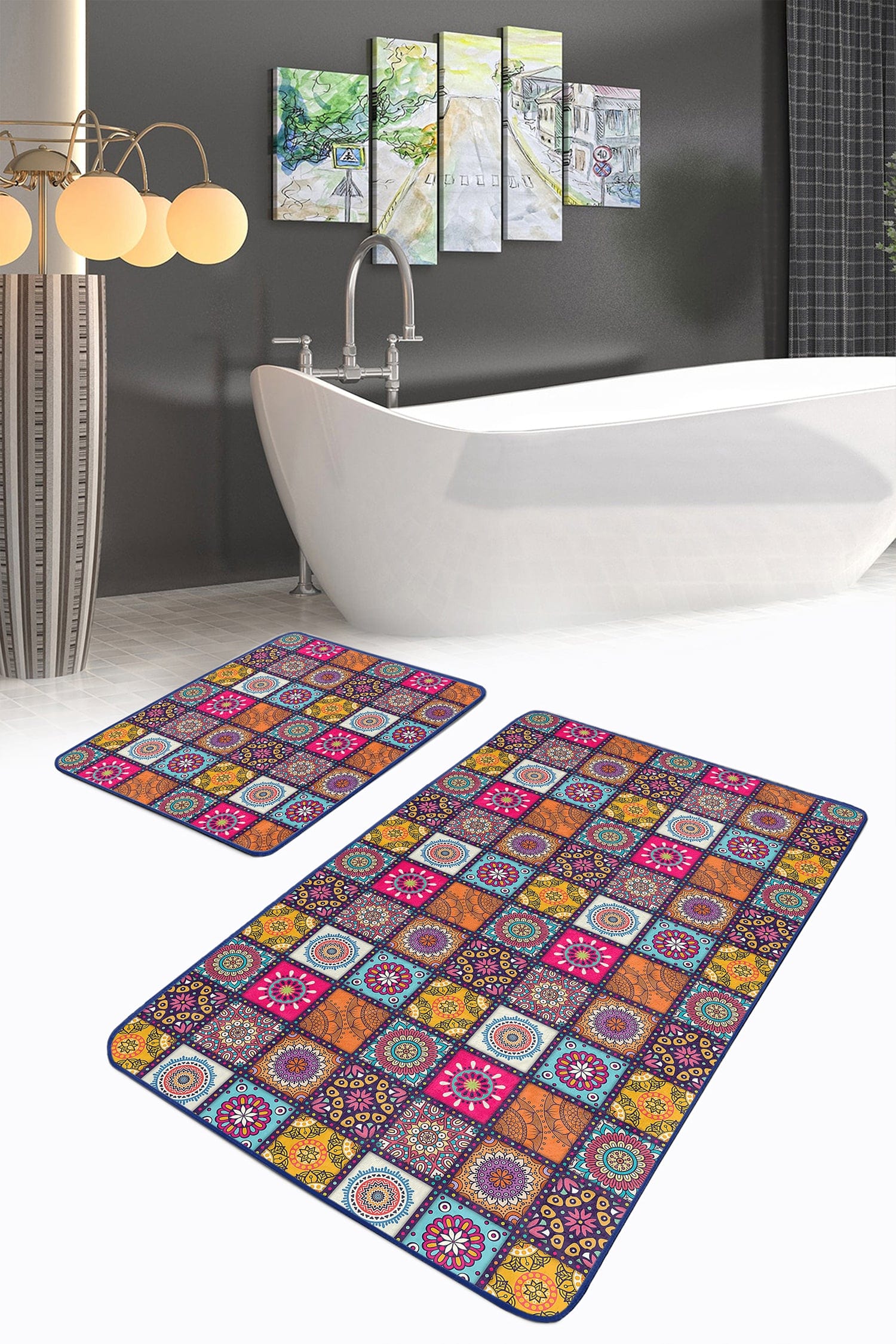 Set di 2 Tappetini da bagno antiscivolo Bade BPS147 Rectangle Multicolore, 100 x 60 cm / 60 x 50 cm (2)