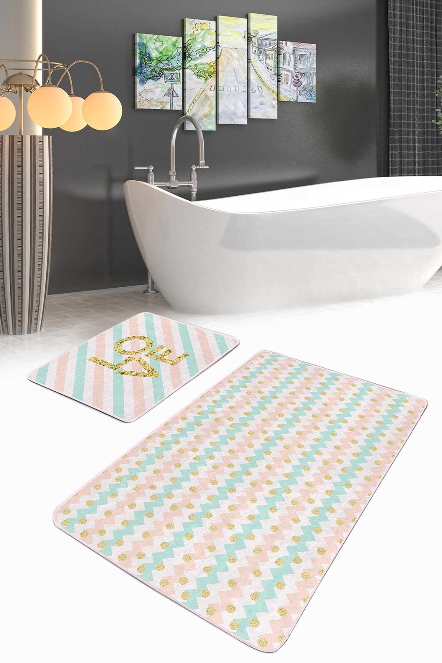 Set di 2 Tappetini da bagno antiscivolo Barris BPS274 Rectangle Multicolore, 100 x 60 cm / 60 x 50 cm (2)