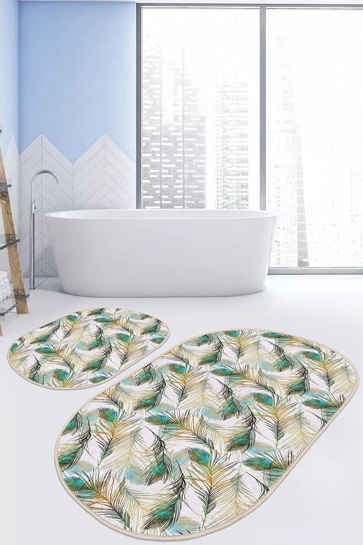 Set di 2 Tappetini da bagno antiscivolo Beren BPS547 Oval Multicolore, 100 x 60 cm / 60 x 50 cm