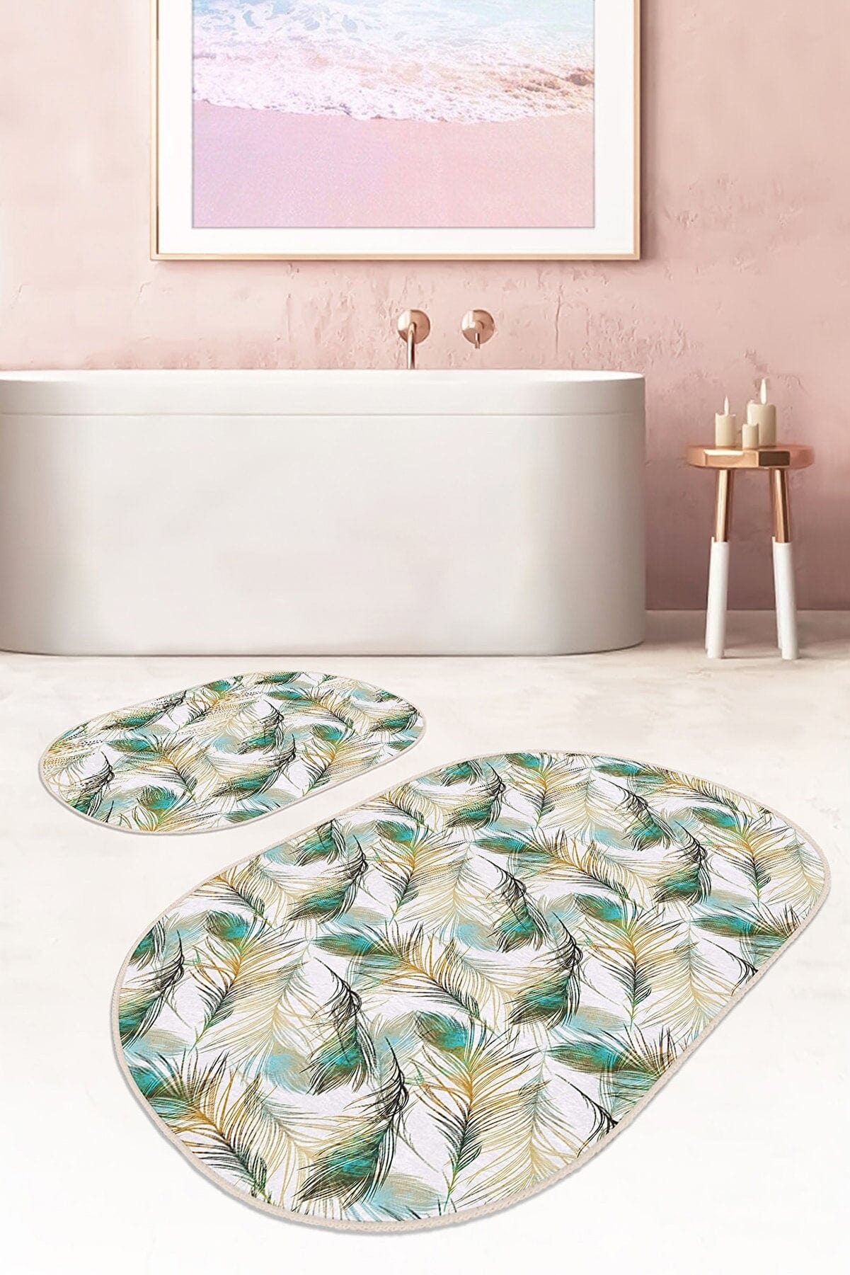 Set di 2 Tappetini da bagno antiscivolo Beren BPS547 Oval Multicolore, 100 x 60 cm / 60 x 50 cm (1)