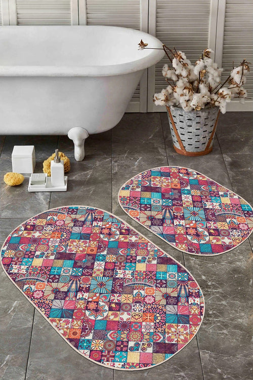 Set di 2 Tappetini da bagno antiscivolo Beren BPS548 Oval Multicolore, 100 x 60 cm / 60 x 50 cm