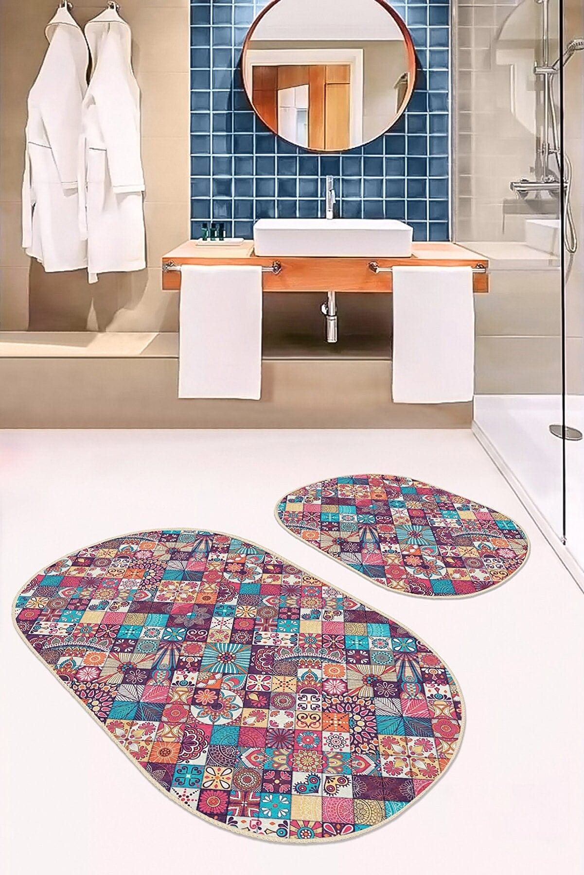 Set di 2 Tappetini da bagno antiscivolo Beren BPS548 Oval Multicolore, 100 x 60 cm / 60 x 50 cm (2)