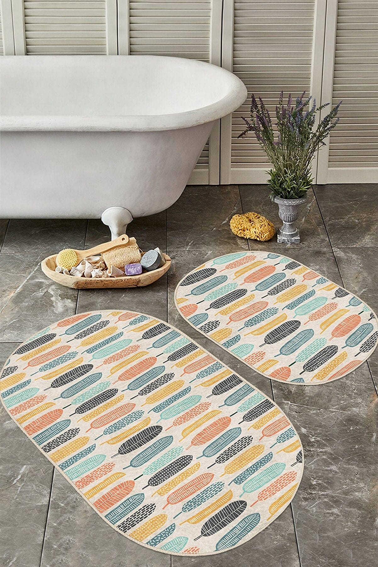 Set di 2 Tappetini da bagno antiscivolo Beren BPS552 Oval Multicolore, 100 x 60 cm / 60 x 50 cm