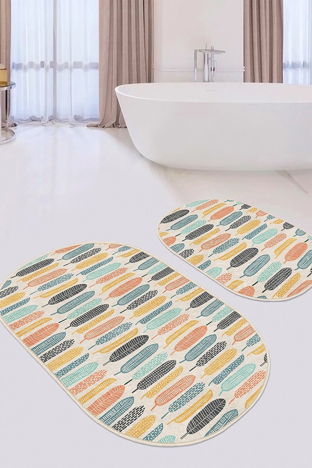 Set di 2 Tappetini da bagno antiscivolo Beren BPS552 Oval Multicolore, 100 x 60 cm / 60 x 50 cm (1)