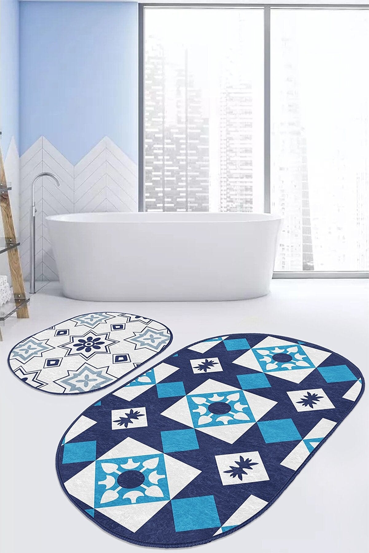 Set di 2 Tappetini da bagno antiscivolo Cemre BPS619 Oval Multicolore, 100 x 60 cm / 60 x 50 cm (1)