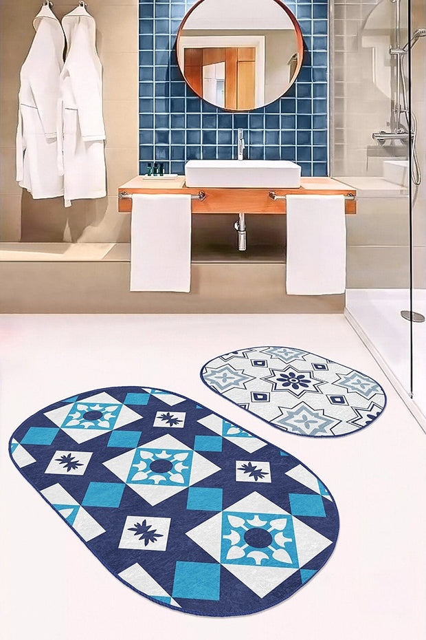 Set di 2 Tappetini da bagno antiscivolo Cemre BPS619 Oval Multicolore, 100 x 60 cm / 60 x 50 cm (2)