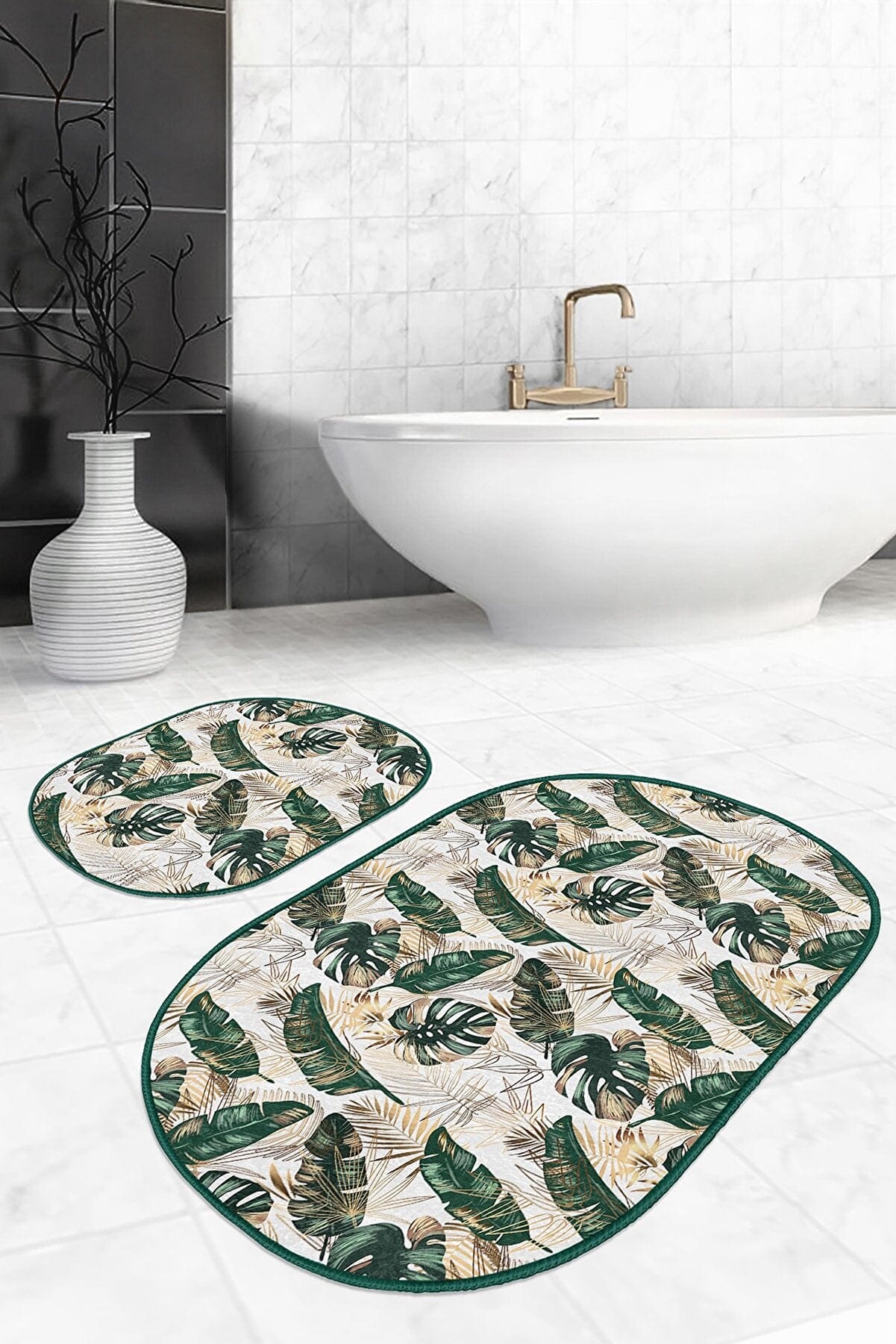Set di 2 Tappetini da bagno antiscivolo Ceren BPS603 Oval Multicolore, 100 x 60 cm / 60 x 50 cm (2)