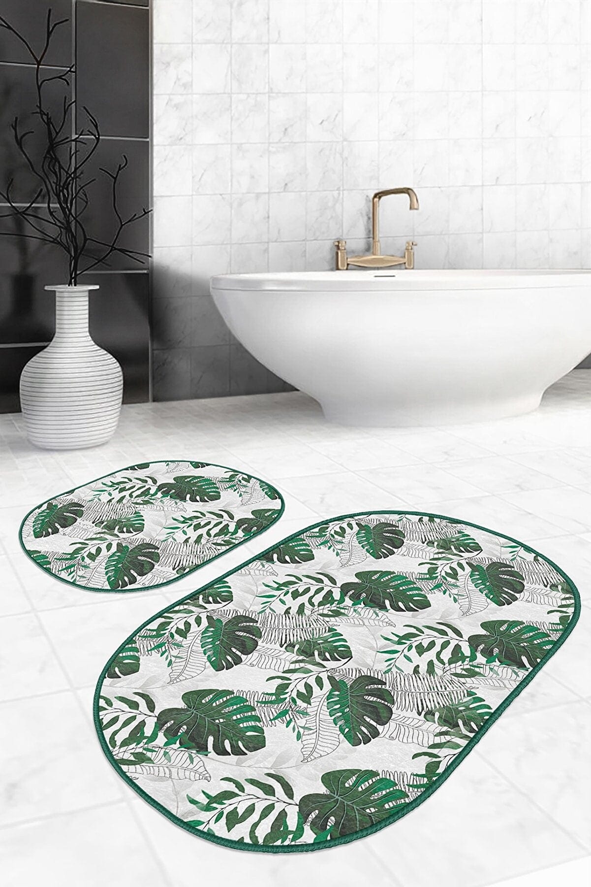 Set di 2 Tappetini da bagno antiscivolo Ceren BPS606 Oval Multicolore, 100 x 60 cm / 60 x 50 cm (2)