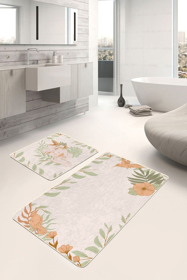 Set di 2 Tappetini da bagno antiscivolo Cicek BPS476 Rectangle Multicolore, 100 x 60 cm / 60 x 50 cm (2)
