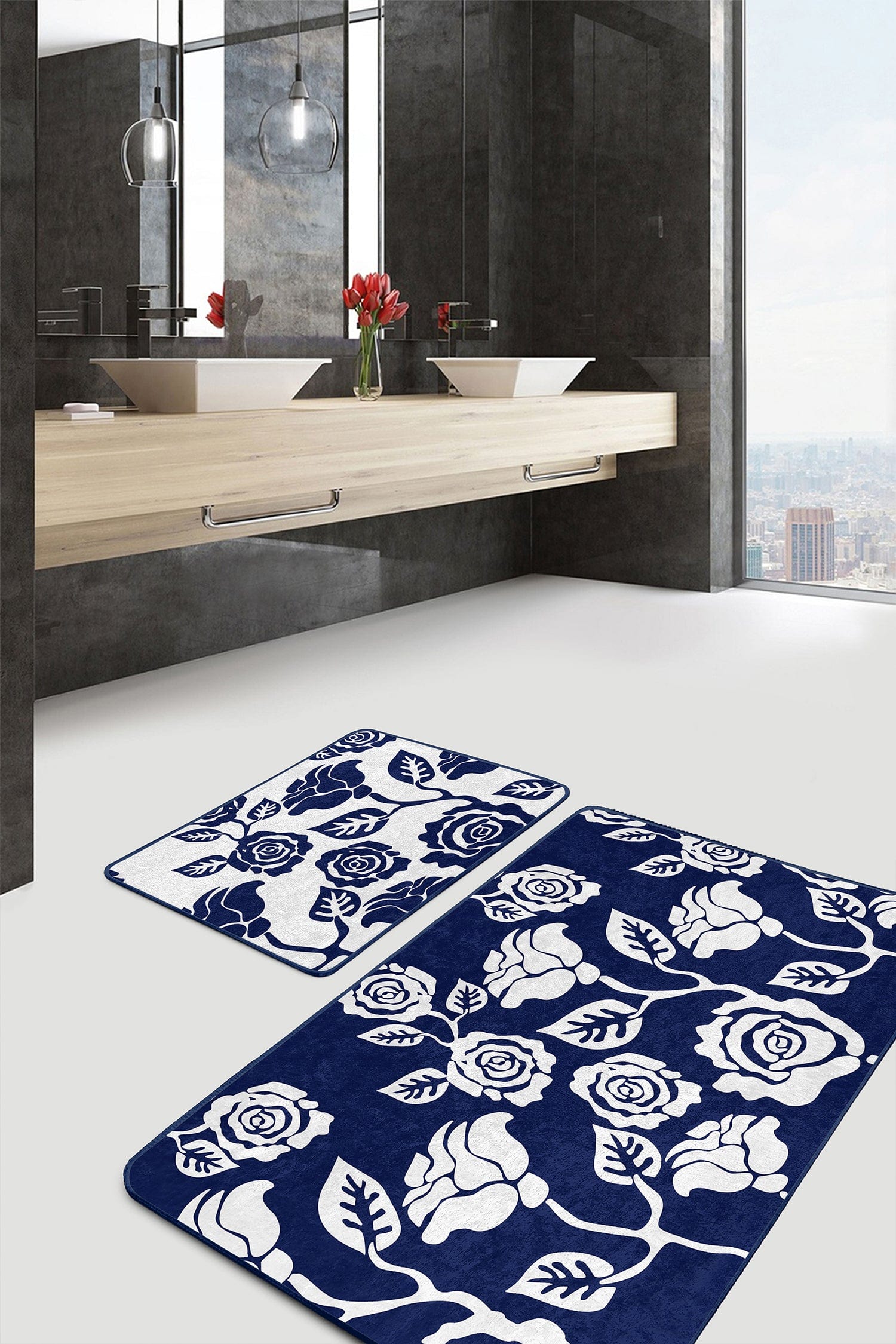 Set di 2 Tappetini da bagno antiscivolo Cicek BPS478 Rectangle Multicolore, 100 x 60 cm / 60 x 50 cm (1)