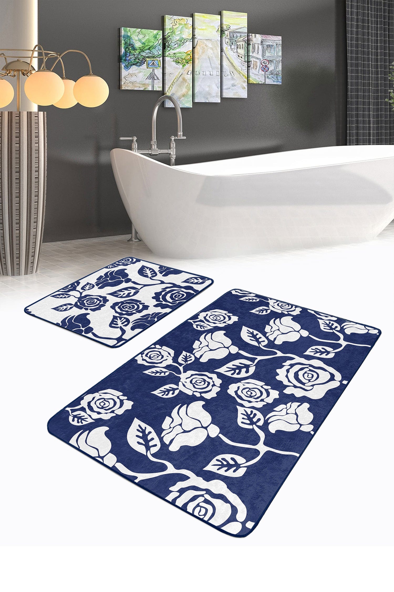 Set di 2 Tappetini da bagno antiscivolo Cicek BPS478 Rectangle Multicolore, 100 x 60 cm / 60 x 50 cm (2)