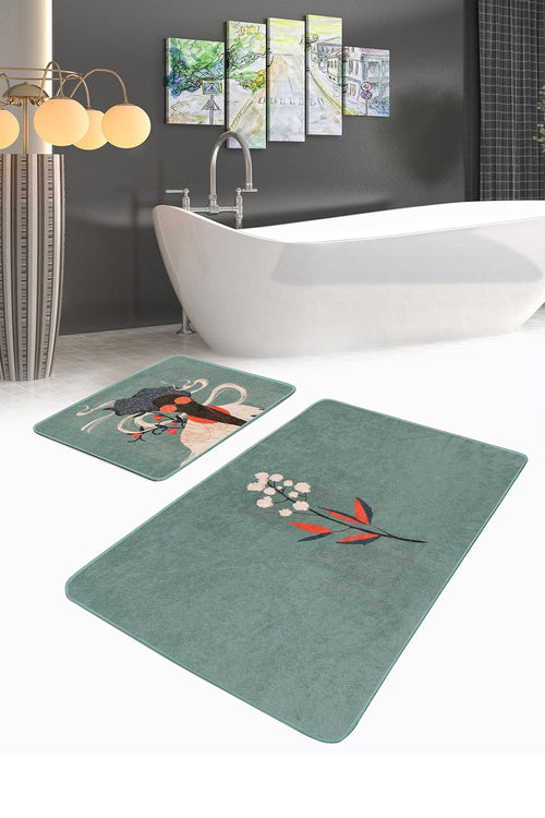 Set di 2 Tappetini da bagno antiscivolo Cicek BPS479 Rectangle Multicolore, 100 x 60 cm / 60 x 50 cm