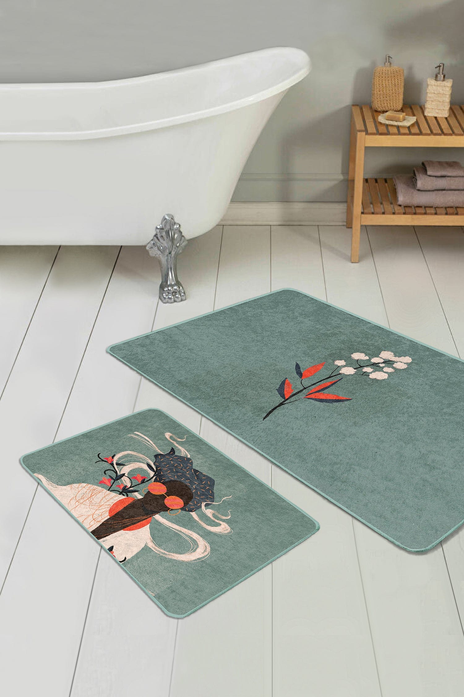 Set di 2 Tappetini da bagno antiscivolo Cicek BPS479 Rectangle Multicolore, 100 x 60 cm / 60 x 50 cm (2)