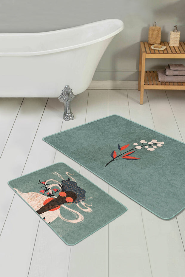 Set di 2 Tappetini da bagno antiscivolo Cicek BPS479 Rectangle Multicolore, 100 x 60 cm / 60 x 50 cm (2)