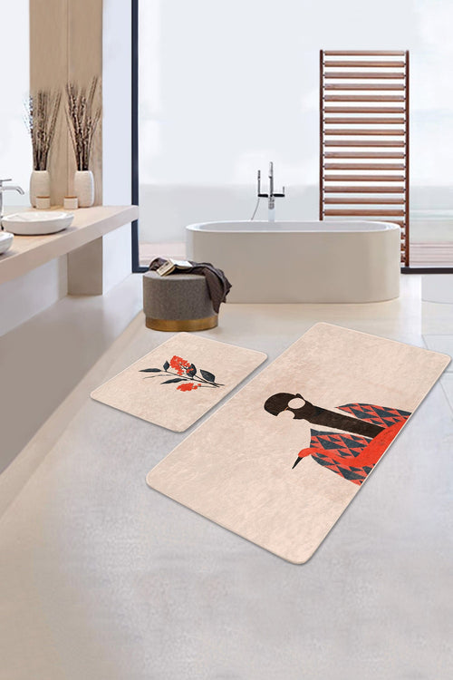 Set di 2 Tappetini da bagno antiscivolo Cicek BPS480 Rectangle Multicolore, 100 x 60 cm / 60 x 50 cm