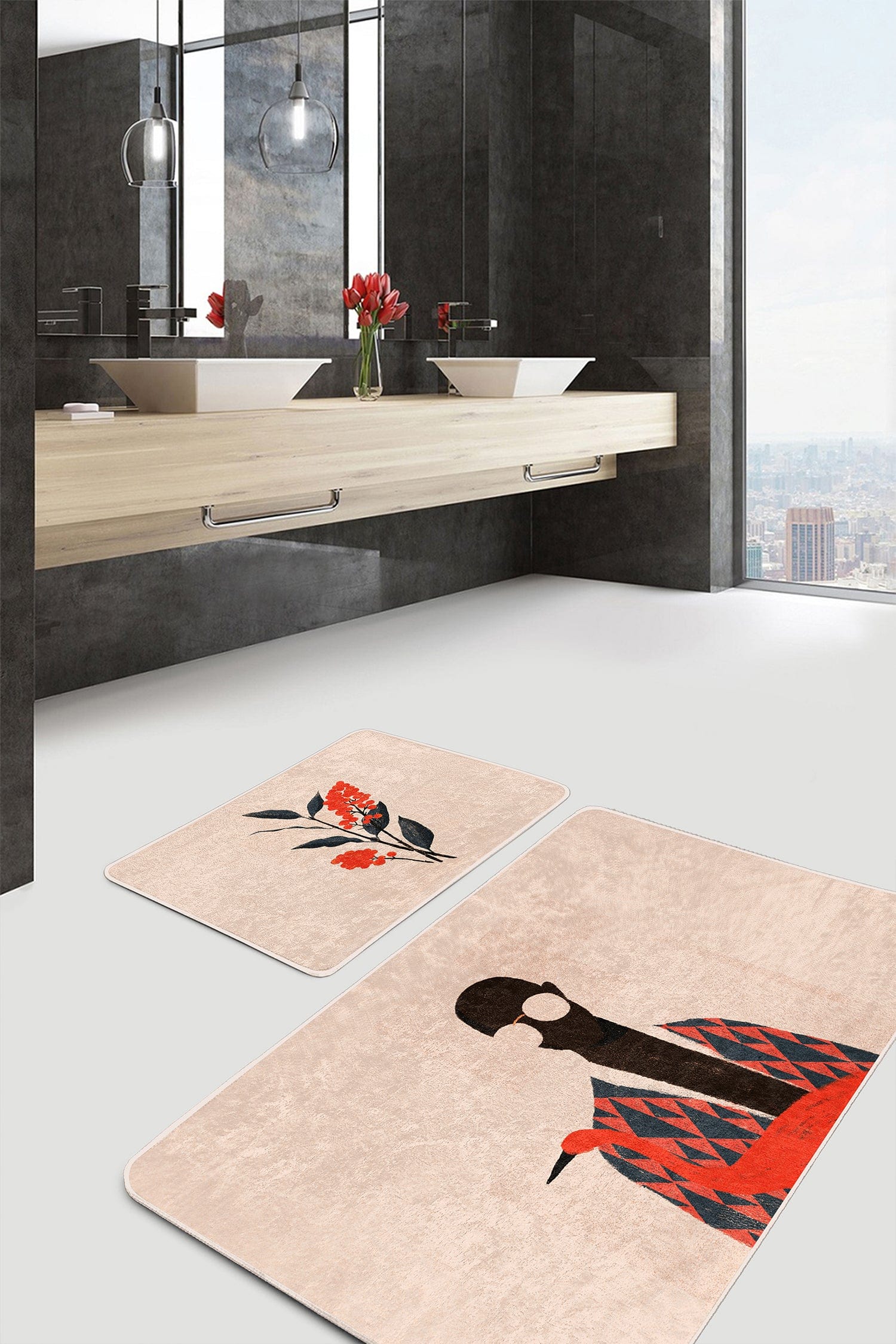 Set di 2 Tappetini da bagno antiscivolo Cicek BPS480 Rectangle Multicolore, 100 x 60 cm / 60 x 50 cm (2)