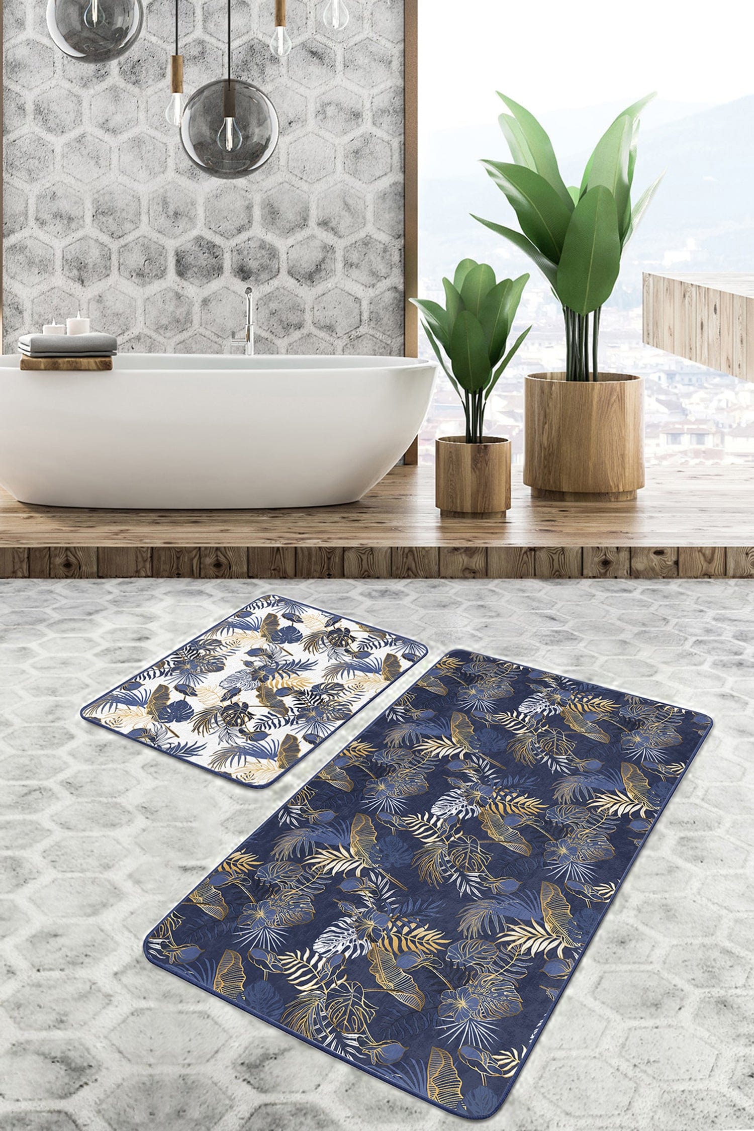 Set di 2 Tappetini da bagno antiscivolo Damla BPS253 Rectangle Multicolore, 100 x 60 cm / 60 x 50 cm (2)