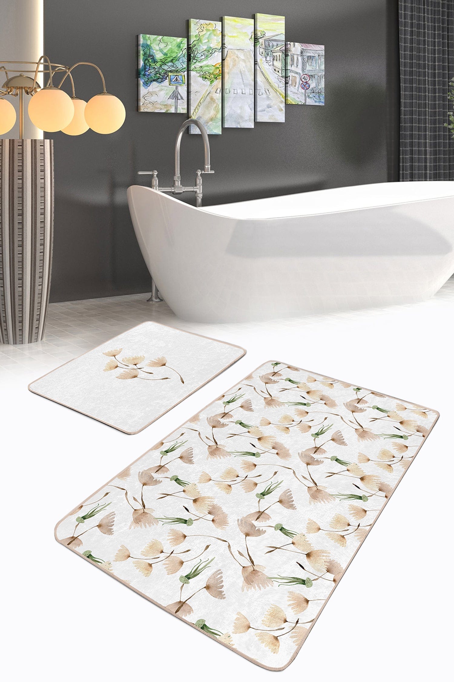Set di 2 Tappetini da bagno antiscivolo Defne BPS258 Rectangle Multicolore, 100 x 60 cm / 60 x 50 cm (1)