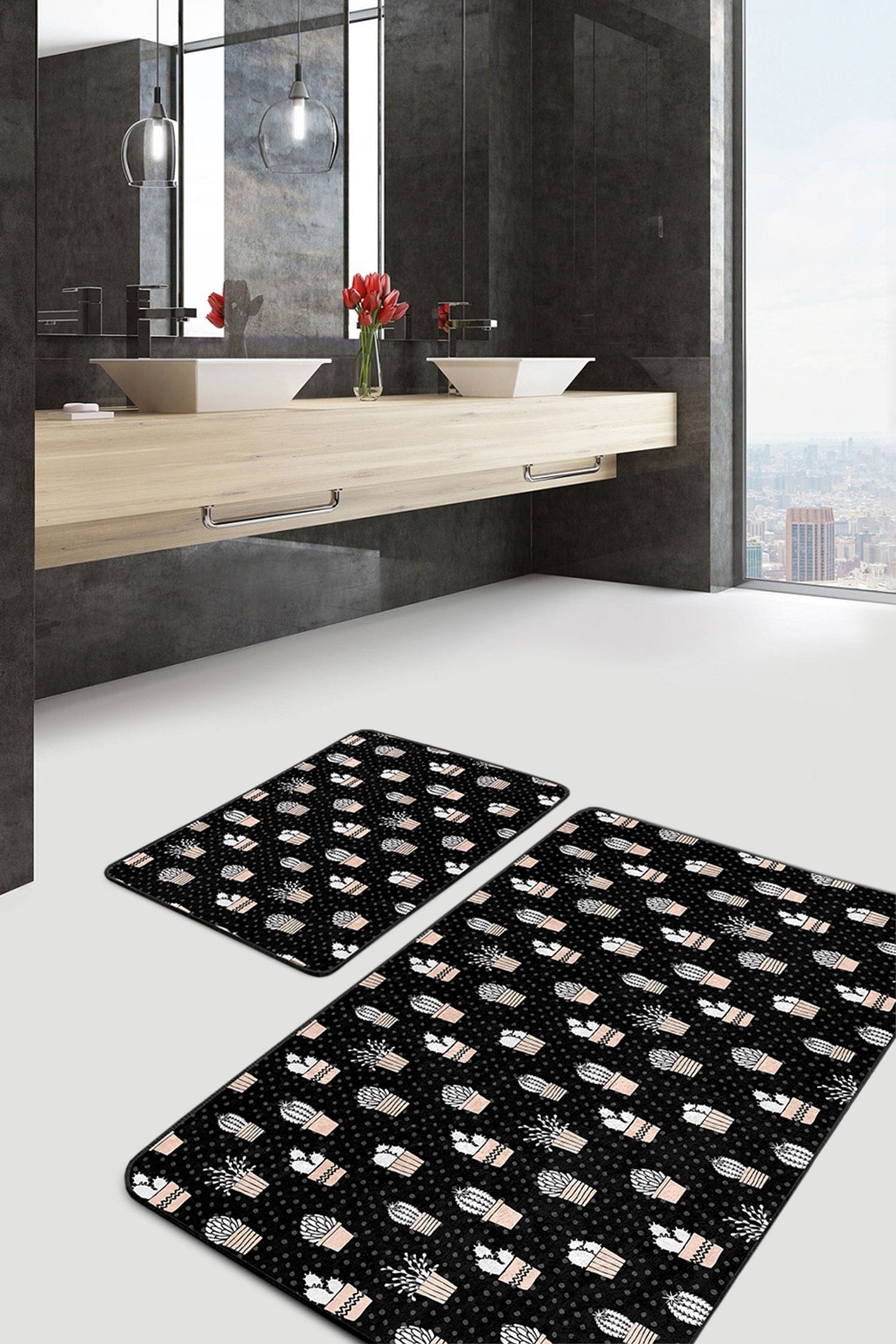 Hillkar Global Set di 2 Tappetini da bagno antiscivolo Deniz BPS295 Rectangle Multicolore, 100 x 60 cm / 60 x 50 cm