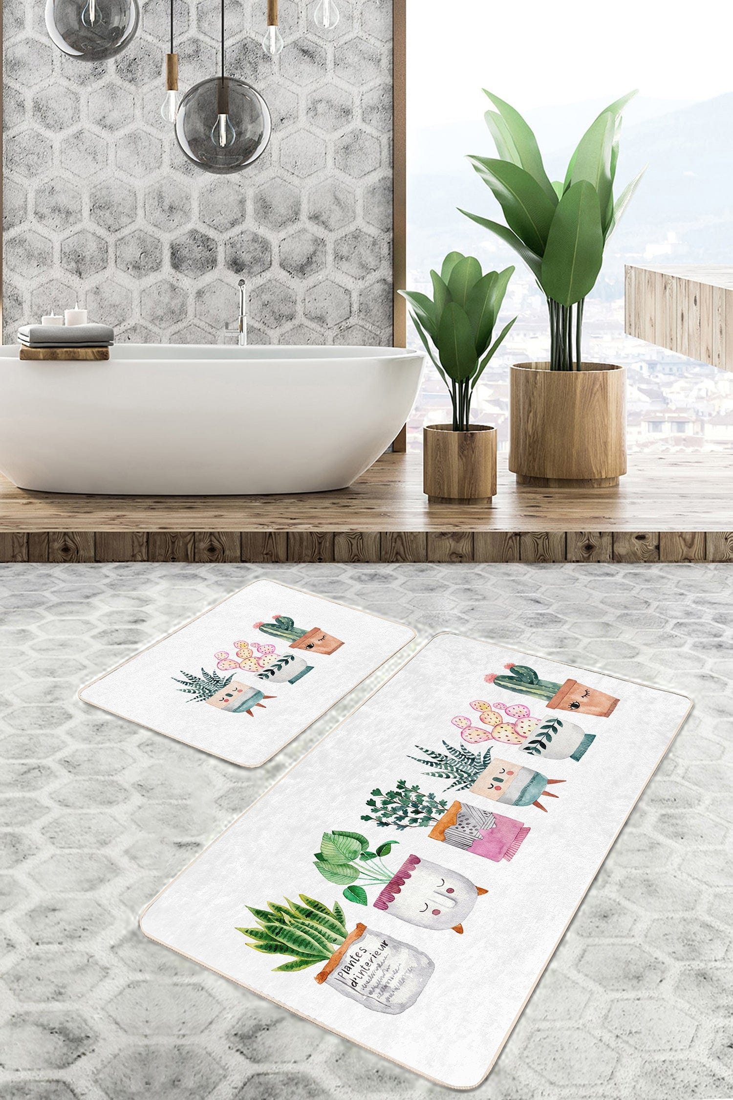 Set di 2 Tappetini da bagno antiscivolo Derya BPS457 Rectangle Multicolore, 100 x 60 cm / 60 x 50 cm (2)