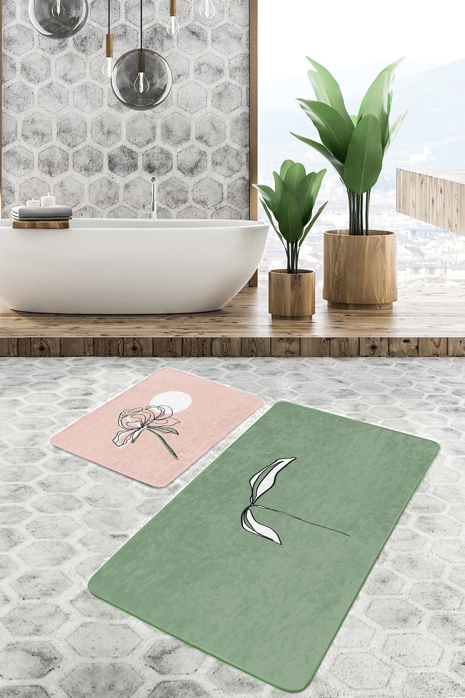 Set di 2 Tappetini da bagno antiscivolo Derya BPS459 Rectangle Multicolore, 100 x 60 cm / 60 x 50 cm (2)