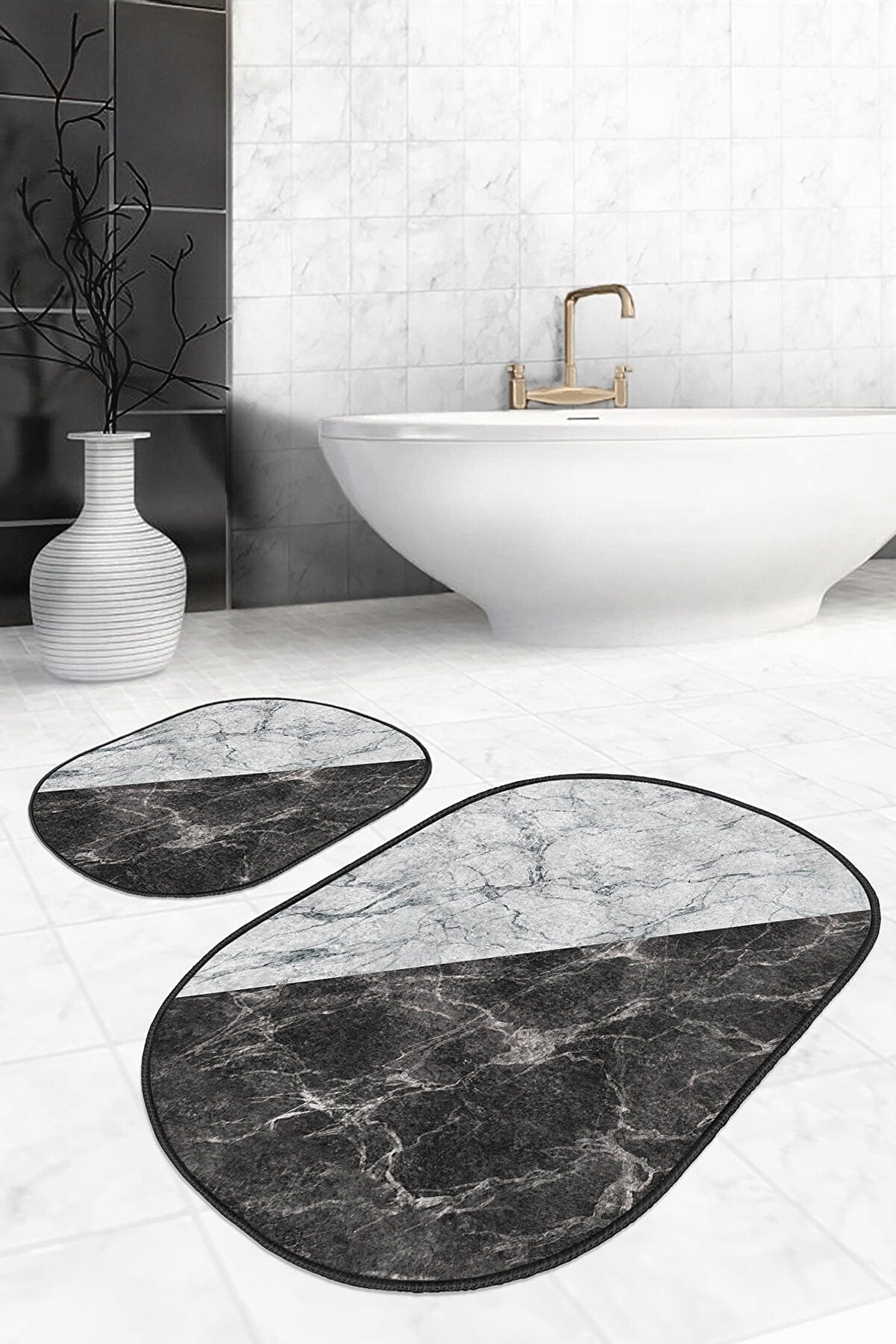 Set di 2 Tappetini da bagno antiscivolo Devin BPS611 Oval Multicolore, 100 x 60 cm / 60 x 50 cm (2)