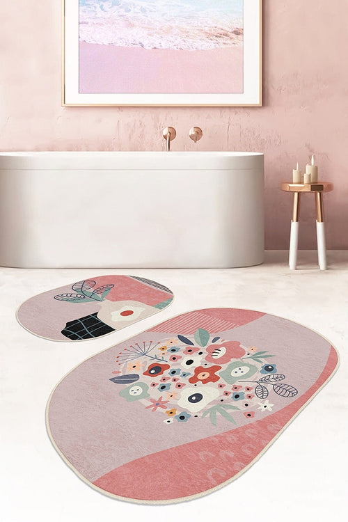 Hillkar Global Set di 2 Tappetini da bagno antiscivolo Ebru BPS557 Oval Multicolore, 100 x 60 cm / 60 x 50 cm