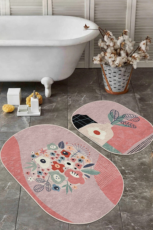 Hillkar Global Set di 2 Tappetini da bagno antiscivolo Ebru BPS557 Oval Multicolore, 100 x 60 cm / 60 x 50 cm