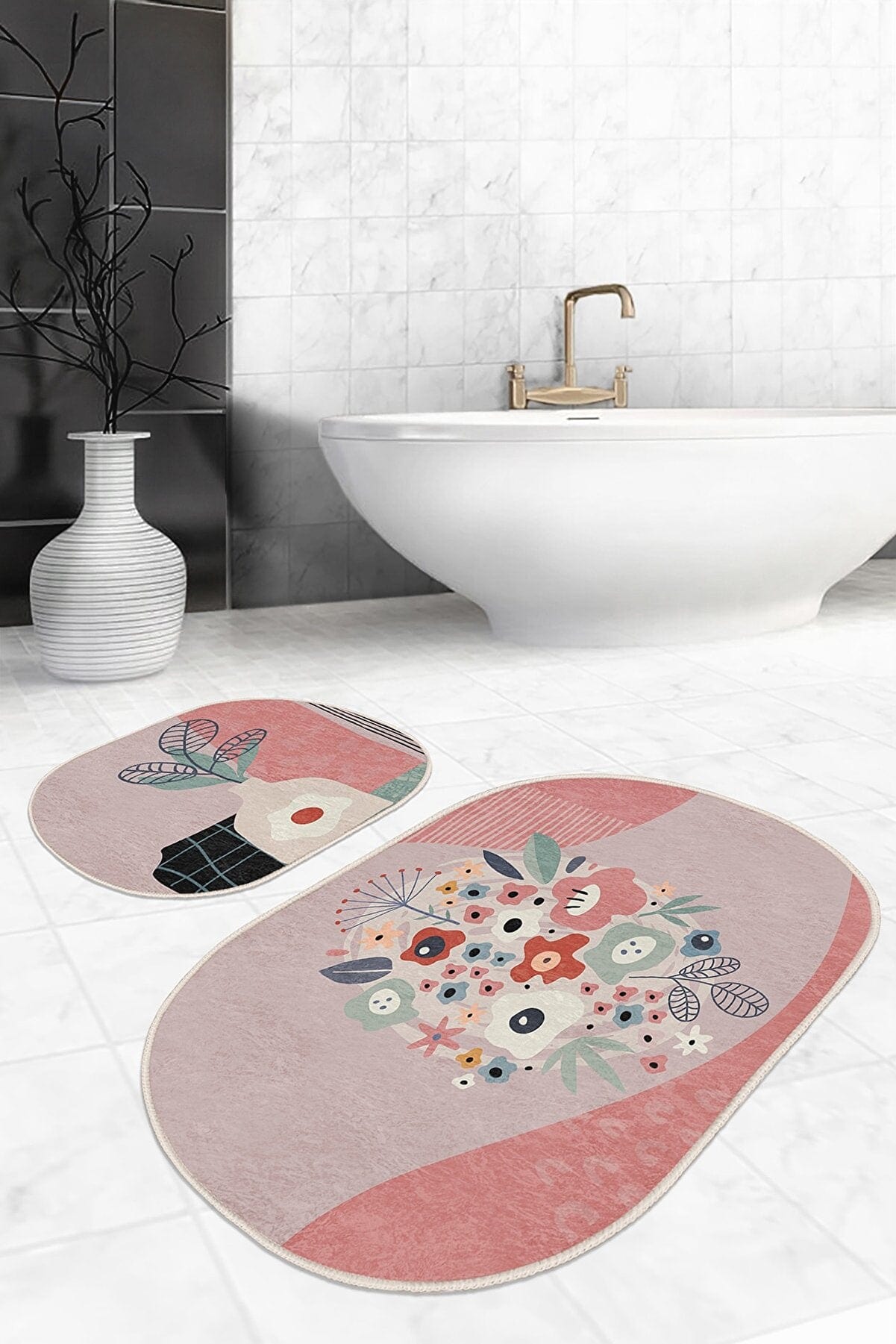Hillkar Global Set di 2 Tappetini da bagno antiscivolo Ebru BPS557 Oval Multicolore, 100 x 60 cm / 60 x 50 cm