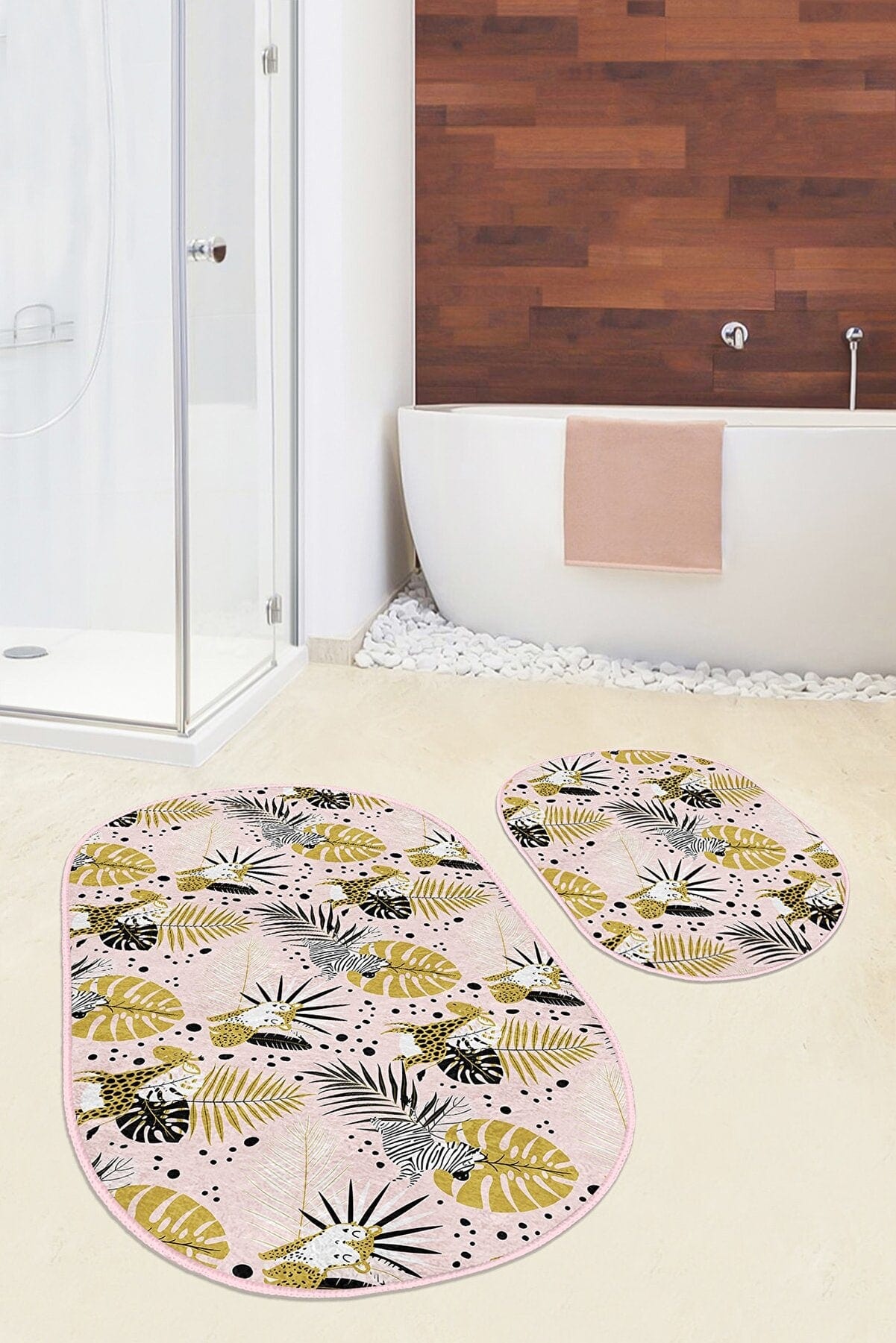 Set di 2 Tappetini da bagno antiscivolo Ebru BPS558 Oval Multicolore, 100 x 60 cm / 60 x 50 cm (1)