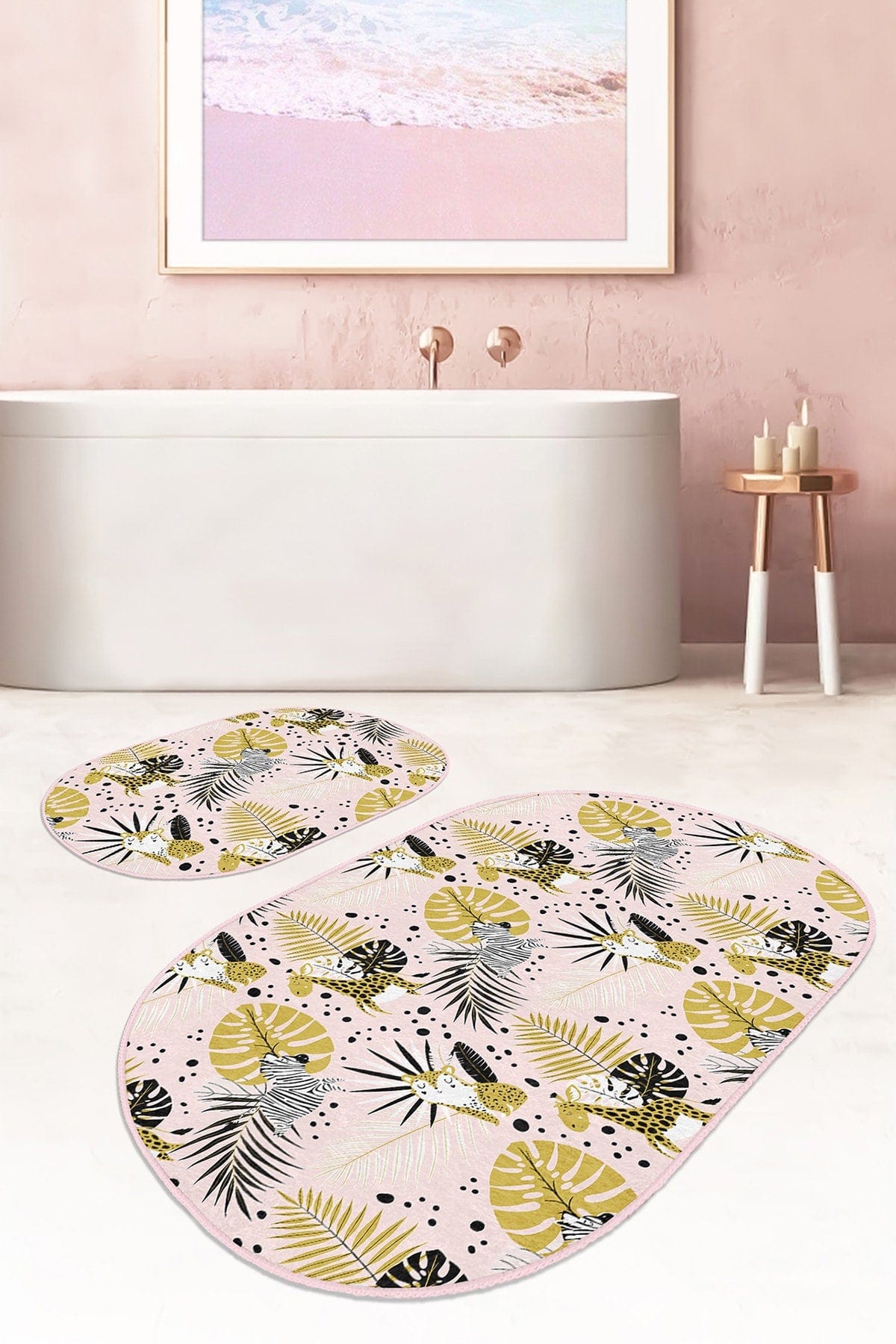 Set di 2 Tappetini da bagno antiscivolo Ebru BPS558 Oval Multicolore, 100 x 60 cm / 60 x 50 cm (2)