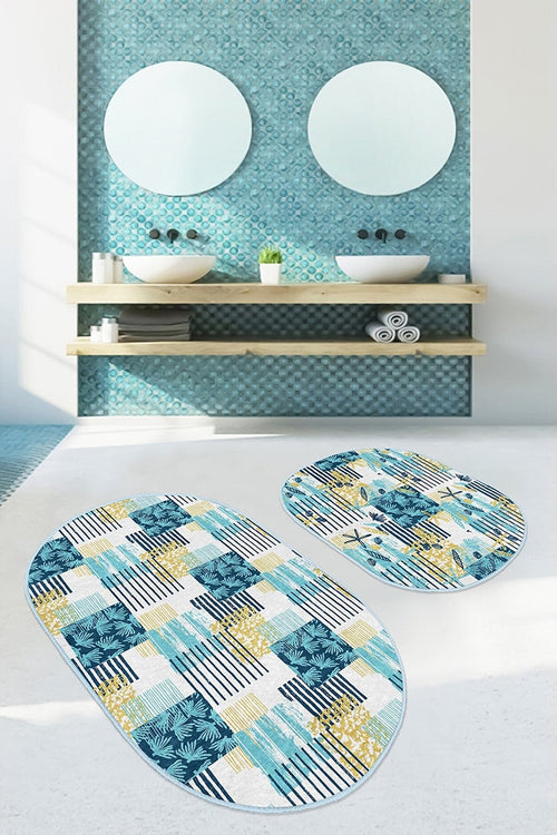 Set di 2 Tappetini da bagno antiscivolo Ebru BPS559 Oval Multicolore, 100 x 60 cm / 60 x 50 cm