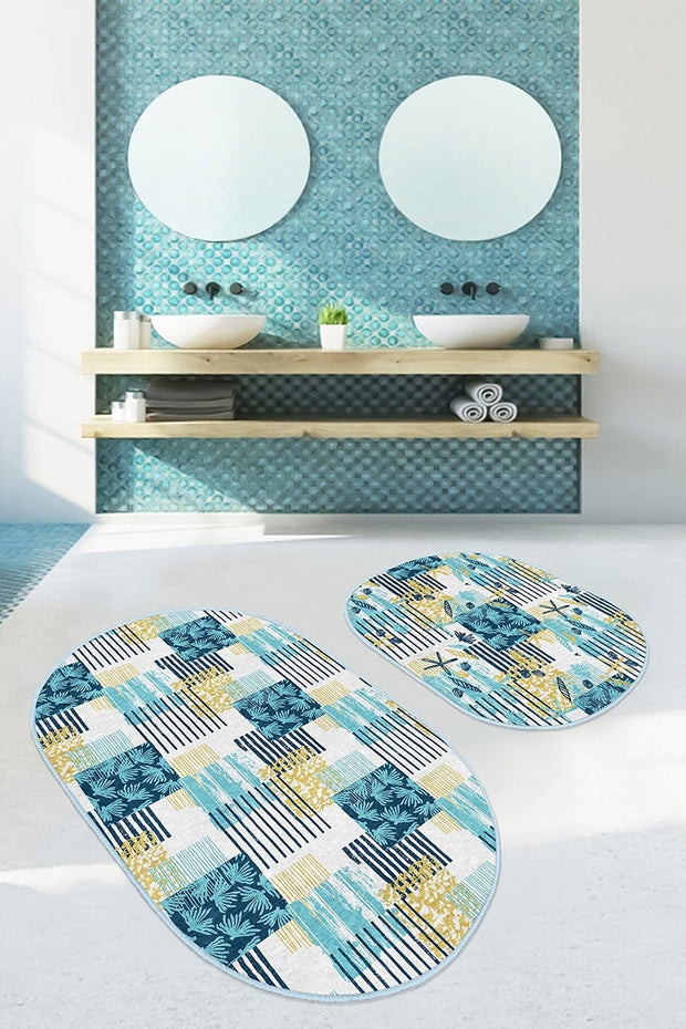 Set di 2 Tappetini da bagno antiscivolo Ebru BPS559 Oval Multicolore, 100 x 60 cm / 60 x 50 cm