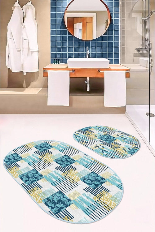 Set di 2 Tappetini da bagno antiscivolo Ebru BPS559 Oval Multicolore, 100 x 60 cm / 60 x 50 cm (1)