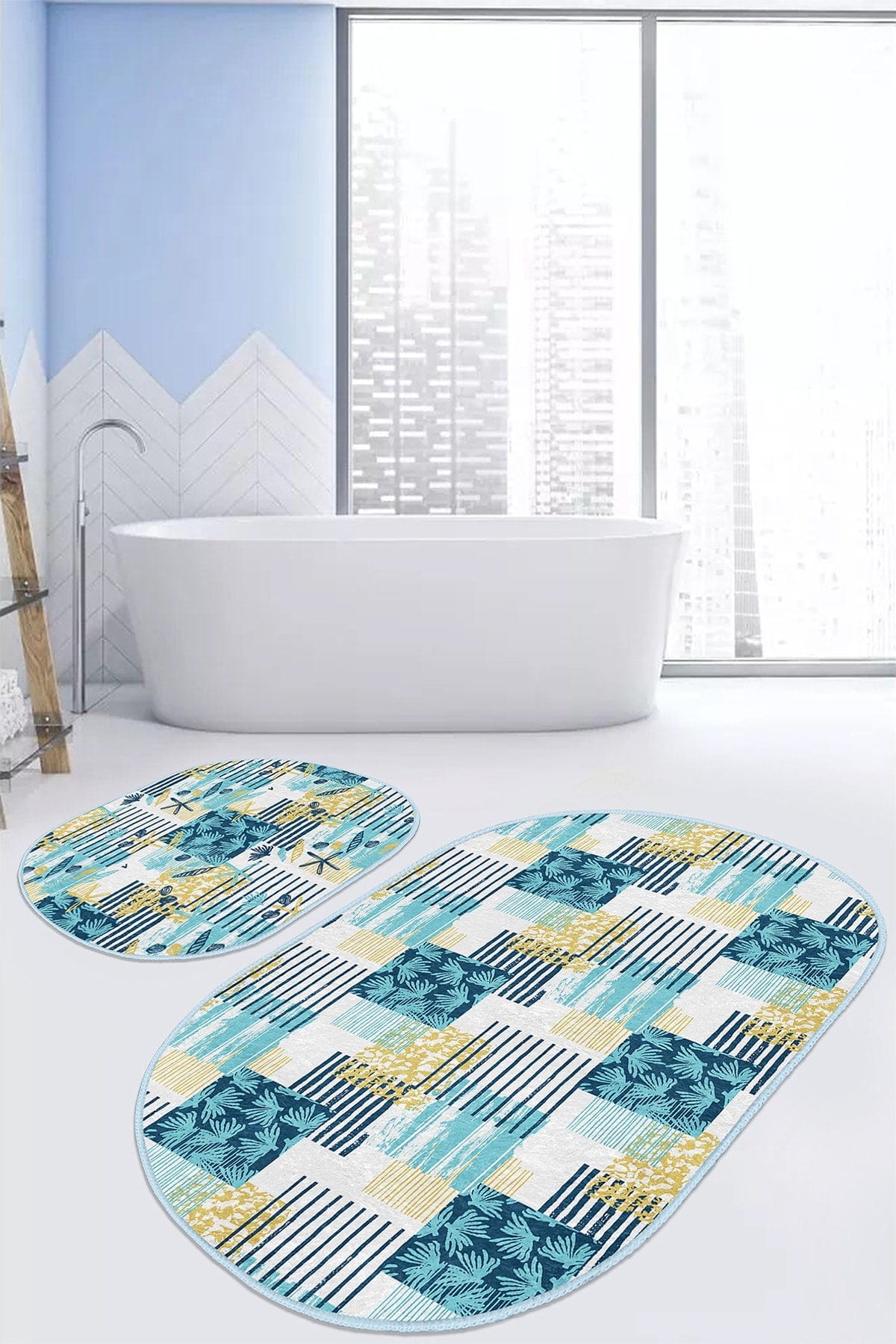Set di 2 Tappetini da bagno antiscivolo Ebru BPS559 Oval Multicolore, 100 x 60 cm / 60 x 50 cm (2)
