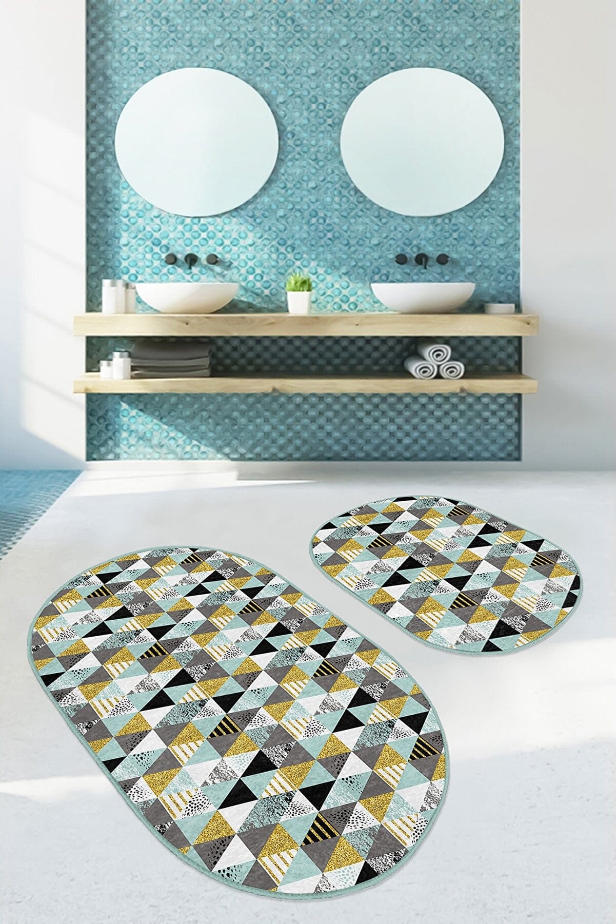Set di 2 Tappetini da bagno antiscivolo Ebru BPS561 Oval Multicolore, 100 x 60 cm / 60 x 50 cm